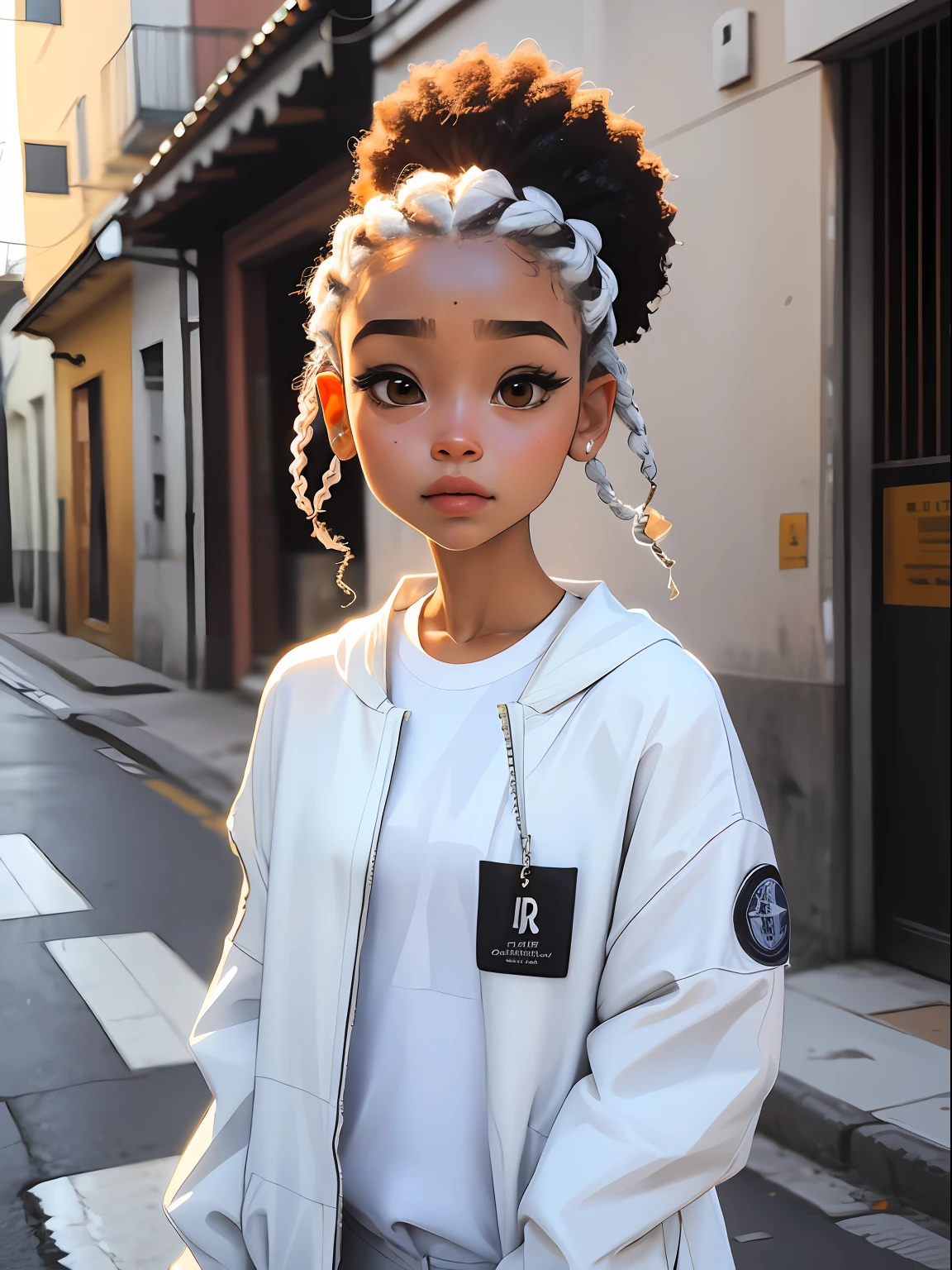 **** ****** morena, bonita e fofa, usando touca street, jaqueta, moletom branco, babyface, Estilo Chibi, cabelos bicolores, branco e rosa, afro, braided ponytail, olhos de detalhe perfeito, rosto delicado, CG perfeito, Qualidade de imagem HD, fundo simples