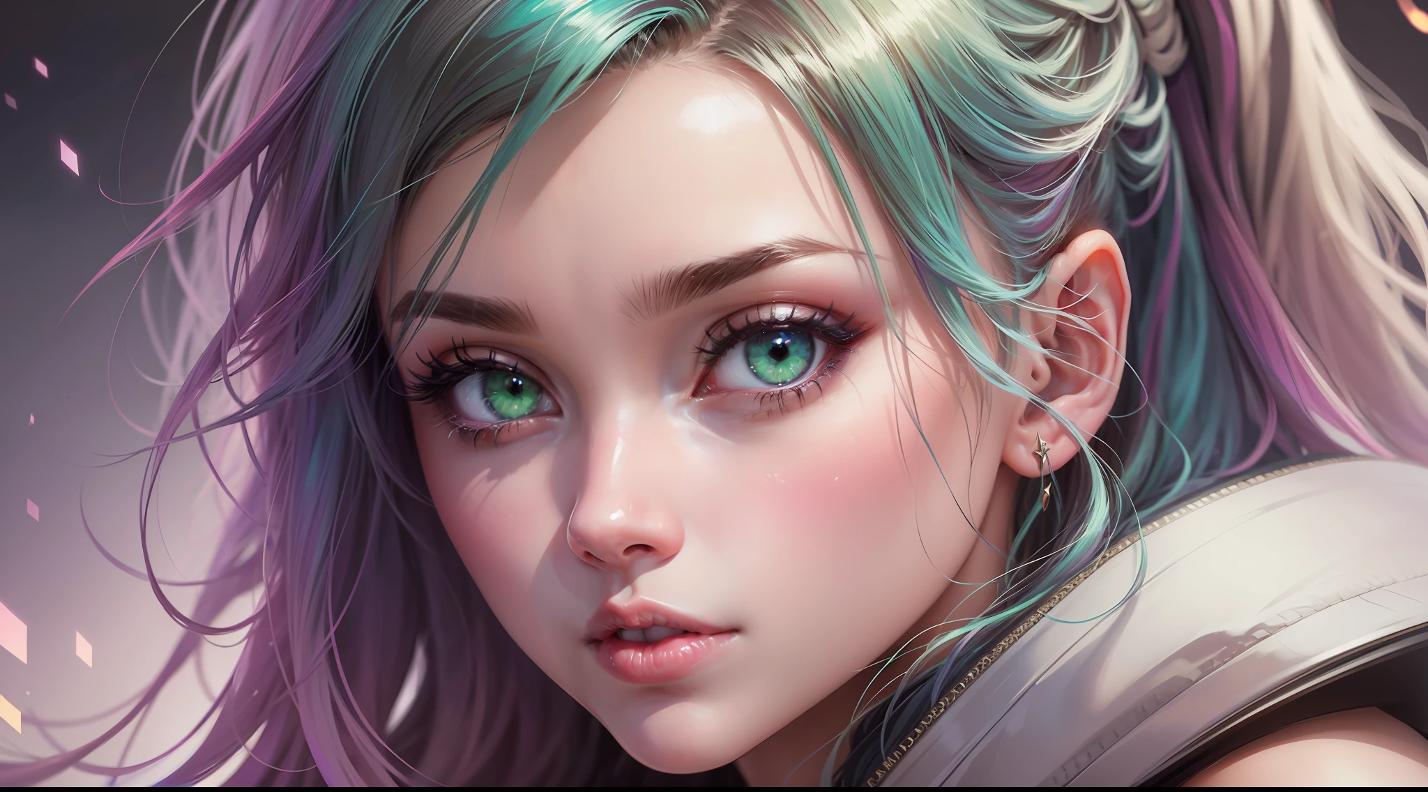 'Close up portait beautiful girl, prated hair, green eyes, in modern fighting costume, hyper realistic, pastel colors, complementary colors, soft colors, vibrant colors, dramatic colors, vaporwave, retrowave, black and white, colorfull, artochrome, highly detailed, 4K'