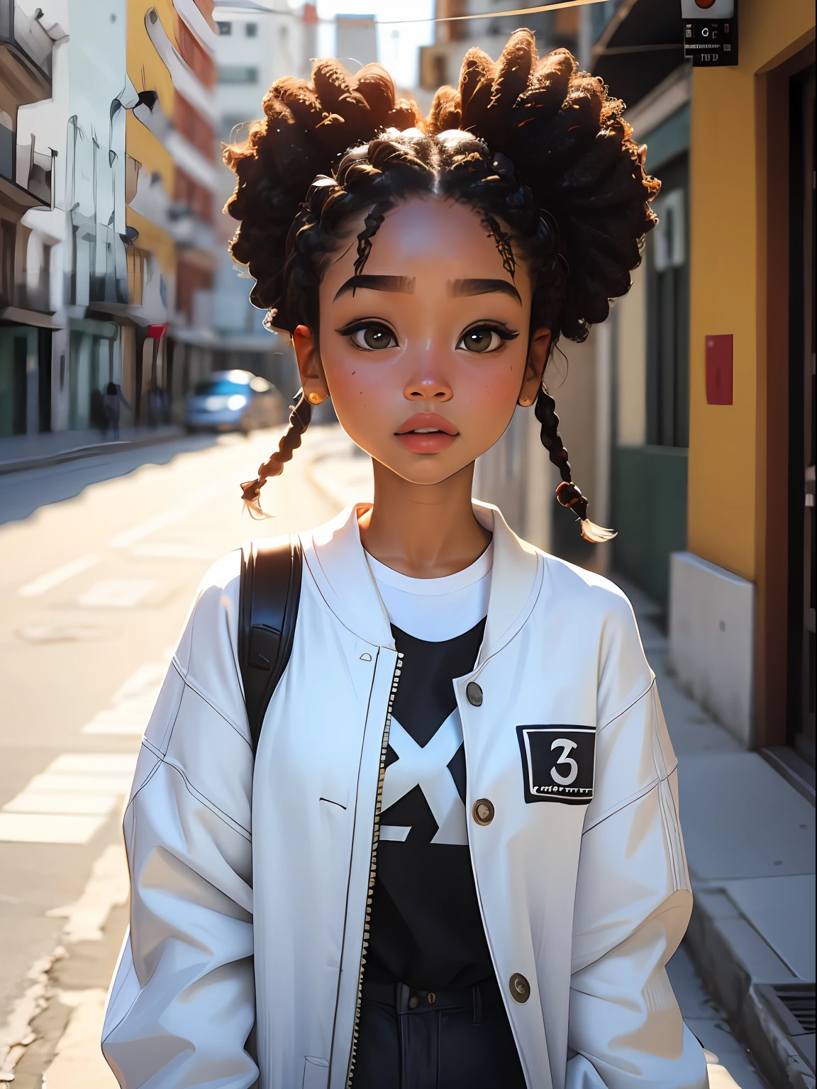 loli menina morena, bonita e fofa, usando touca street, jaqueta, moletom branco, babyface, Estilo Chibi, cabelos bicolores, branco e rosa, afro, braided ponytail, olhos de detalhe perfeito, rosto delicado, CG perfeito, Qualidade de imagem HD, fundo simples