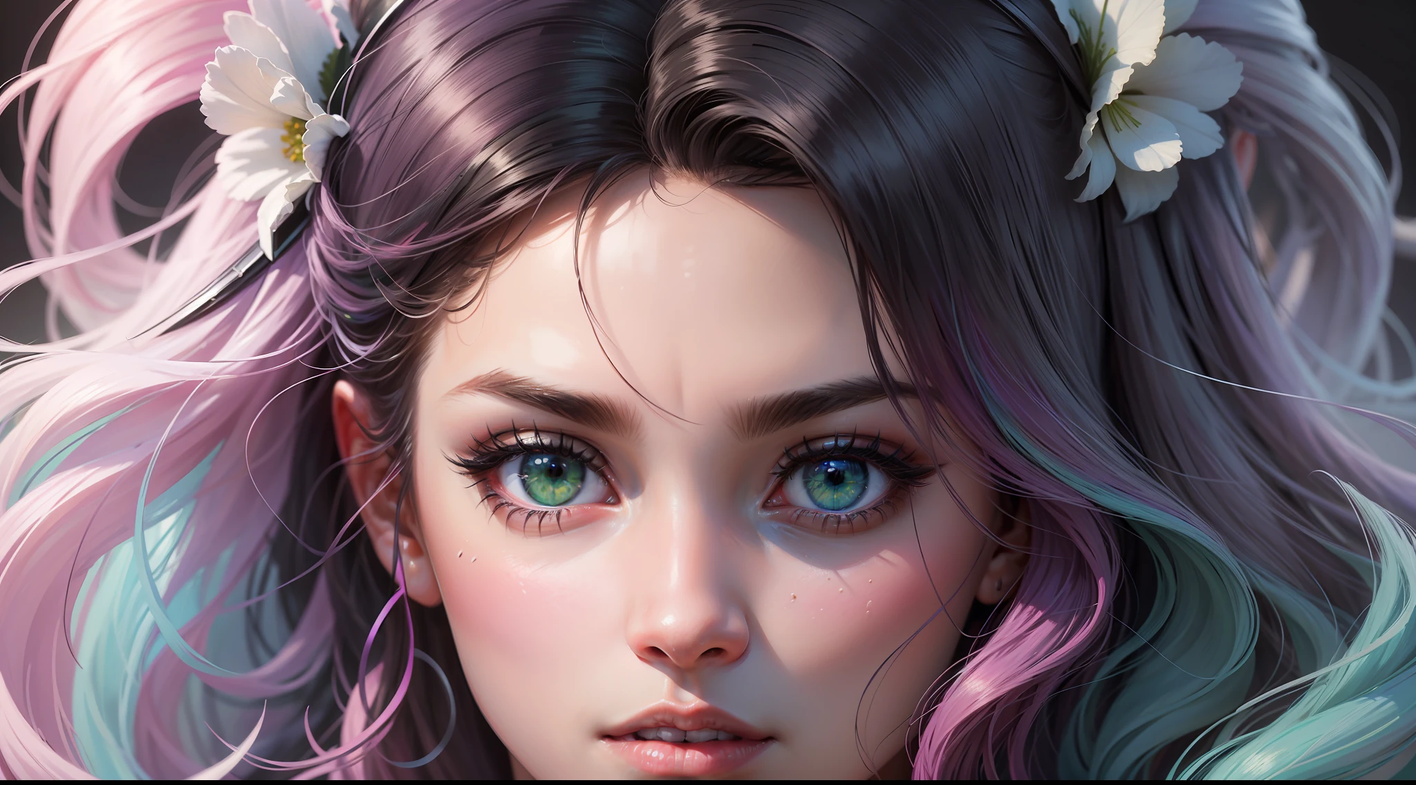 'Close up portait beautiful girl, prated hair, green eyes, in modern fighting costume, hyper realistic, pastel colors, complementary colors, soft colors, vibrant colors, dramatic colors, vaporwave, retrowave, black and white, colorfull, artochrome, highly detailed, 4K'