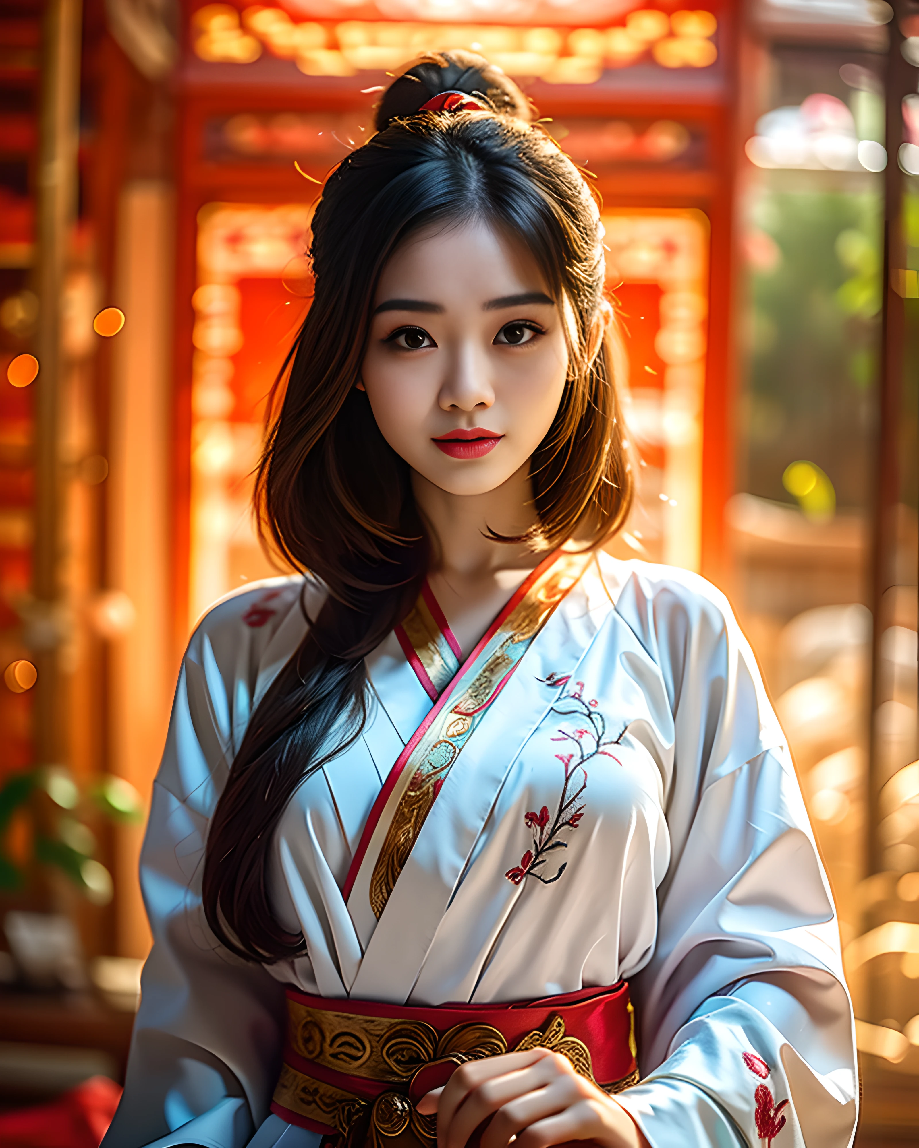 (chinese girl painting, delicate brushstrokes, muted colors, traditional chinese motifs, elegant beauty), (hanfu, traditional chinese clothing, flowing robes, delicate embroidery, muted colors, nature motifs, elegant beauty), (hanfu, traditional chinese clothing, flowing robes, delicate embroidery, muted colors, nature motifs, elegant beauty), (8k, best quality, masterpiece:1.2), (best quality), (ultra highres:1. 0), close-up portrait, look at viewer, smiling,  ultra-fine makeup, golden ratio, perfecteyes,