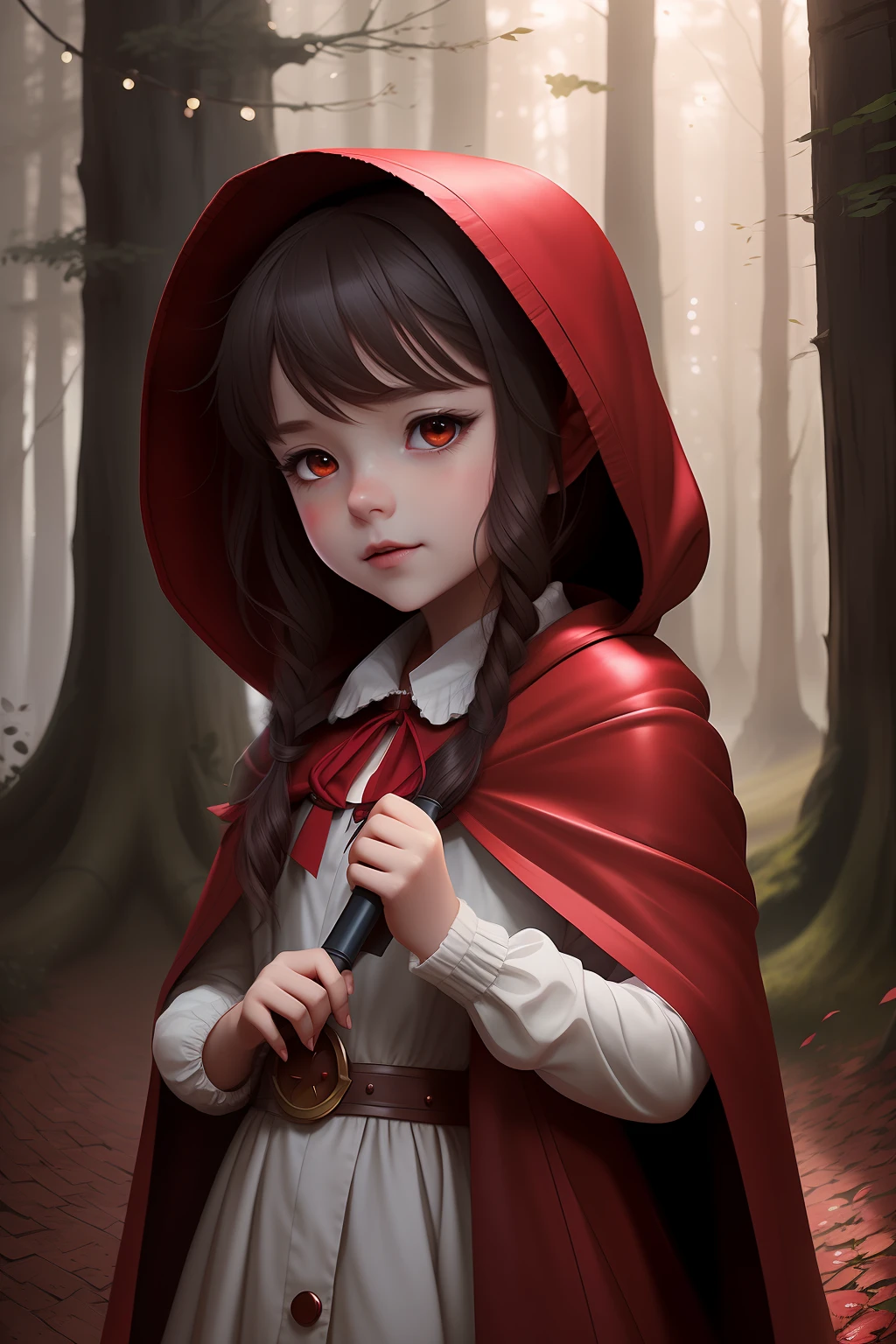 There is a  girl wearing a red cloak and a red hood, lovely digital painting, littleredridinghood, Guviz-style artwork, llight rays，Particle，childrens art in artstation, littleredridinghood, Loish et WLOP, wojtek fus, dressed in a beautiful red cloak, Cute detailed digital art, Spastic Painting wind, Inspired by WLOP