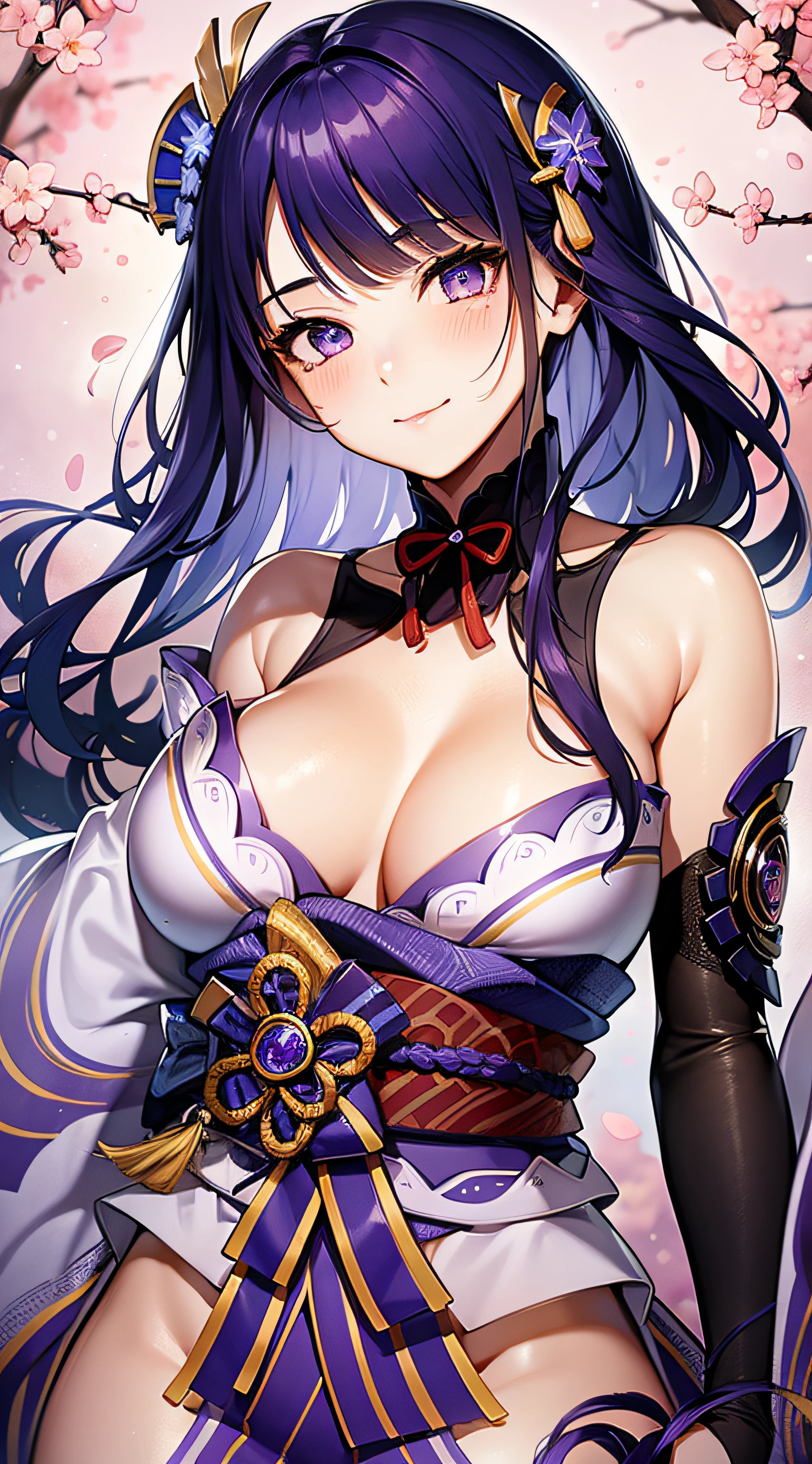 1gril, solo, beautiful female, (breast focus), (breasts out:1.2), medium breasts, outdoor, cherry blossom, wind effect, gradient hair, blue hair, purple hair, lonely, ray tracing, reflection light, natural light, depth of field, close-up, masterpiece, best quality, high details, high quality, accurate, textured skin, UHD, RTX, (blushing:1.2), beautiful smile, beautiful eyes, detailed eyes, gradient colorful eyes, glowing eyes, ((Raiden Shogun)), cowboy shot
