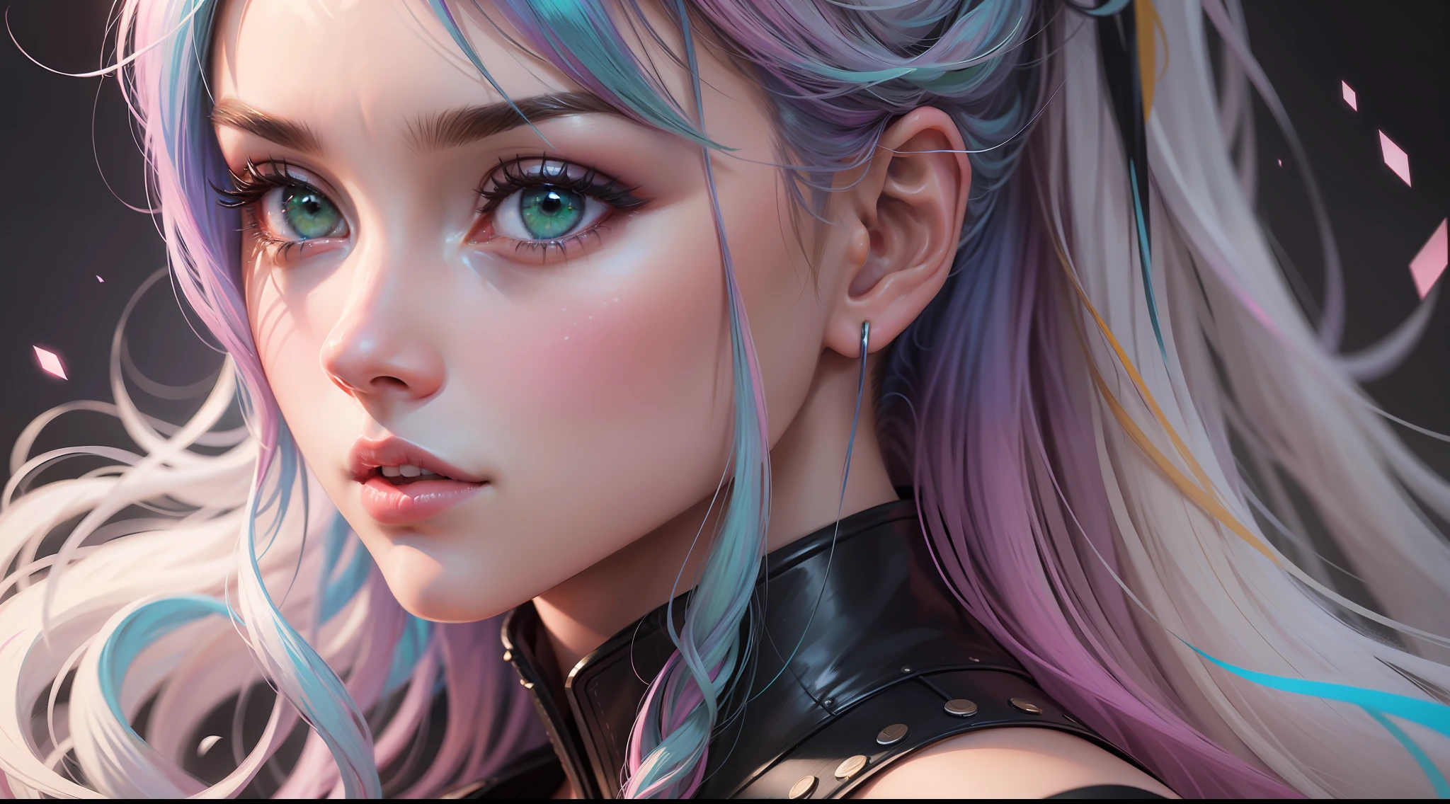 'Close up portait beautiful girl, prated hair, green eyes, in modern fighting costume, hyper realistic, pastel colors, complementary colors, soft colors, vibrant colors, dramatic colors, vaporwave, retrowave, black and white, colorfull, artochrome, highly detailed, 4K'