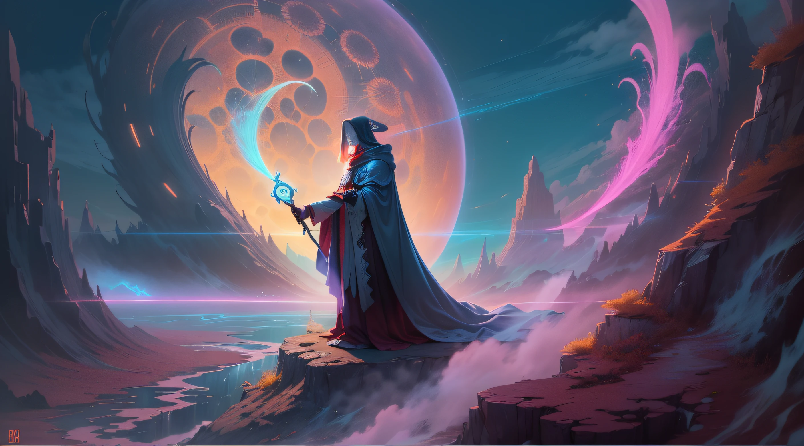 (melhor qualidade, obra-prima: 1.1), (realista: 1.4), "Crie uma imagem de um ceifador espectral, dressed in ethereal robes and bearing a gleaming sickle. His presence haunts the landscape, emanating an aura of mystery and transcendence between the worlds." retroonda, Neon punk, Colouring