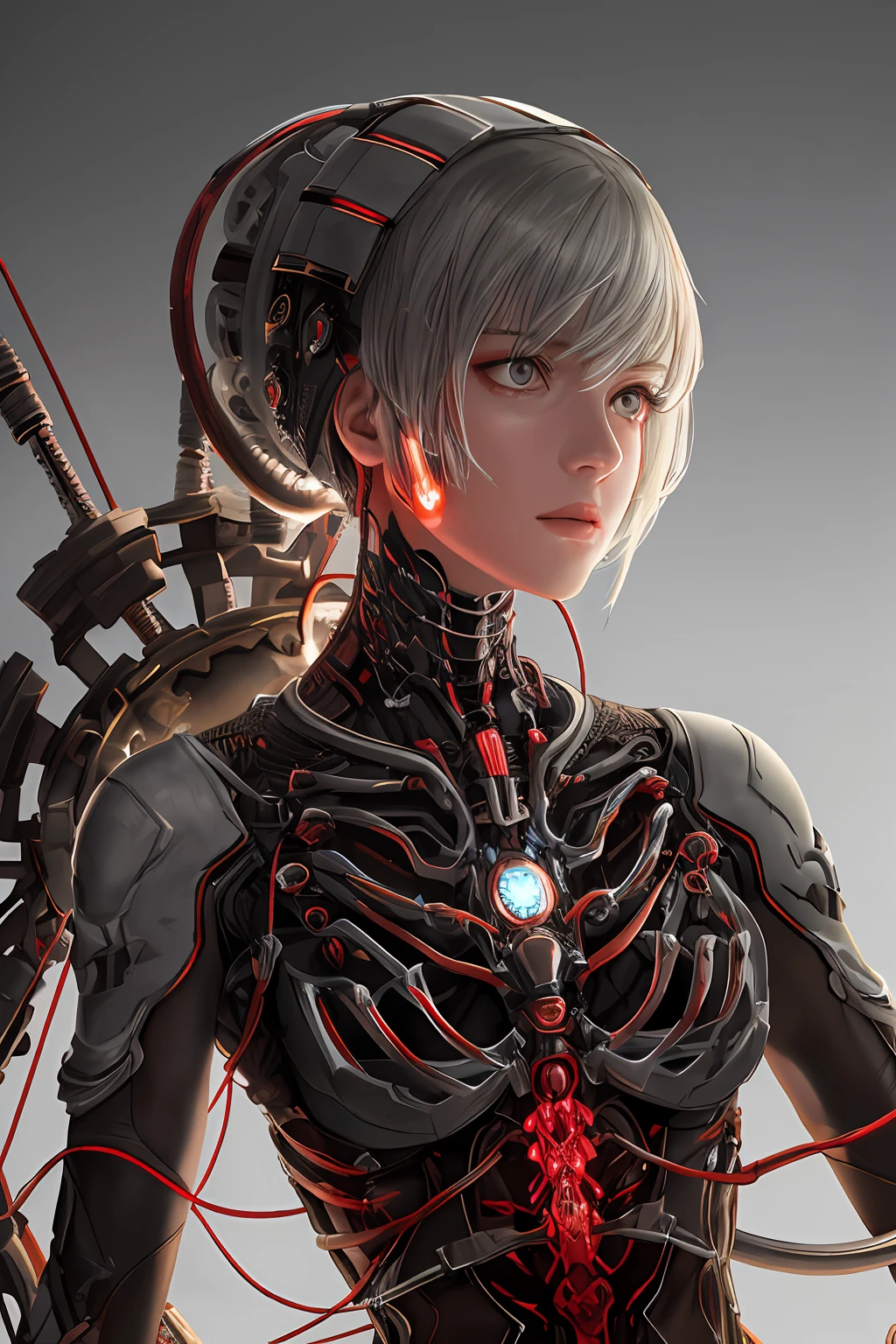 1mechanical girl,((ultra realistic details)), portrait, global illumination, shadows, octane render, 8k, ultra sharp,metal,intricate, ornaments detailed, cold colors, egypician detail, highly intricate details, realistic light, trending on cgsociety, glowing eyes, facing camera, neon details, machanical limbs,blood vessels connected to tubes,mechanical vertebra attaching to back,mechanical cervial attaching to neck,sitting,wires and cables connecting to head