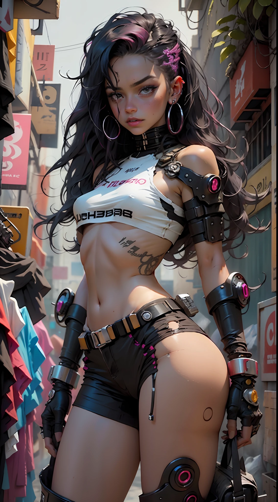 Cabello rosado rizado, Muslos gruesos definidos por el cuerpo de la mujer, cybernetic body parts, Ropa negra y amarilla, Ciudad Cyberpunk, Noche