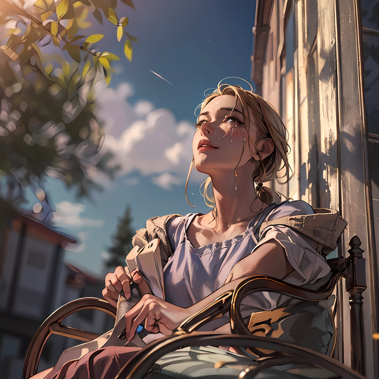 １girl with、Sitting on a chair、Looking up at the sky and crying、Summer afternoon、Shade、 high detailing, Sharp Focus, (Photorealism), Realistic, Best Quality, 8K, awardwinning, Dramatic Lighting, epicd, Cinematic, masutepiece, Rim Light, depth of fields, Dutch Angle, Motion Blur, fashion photograhy,