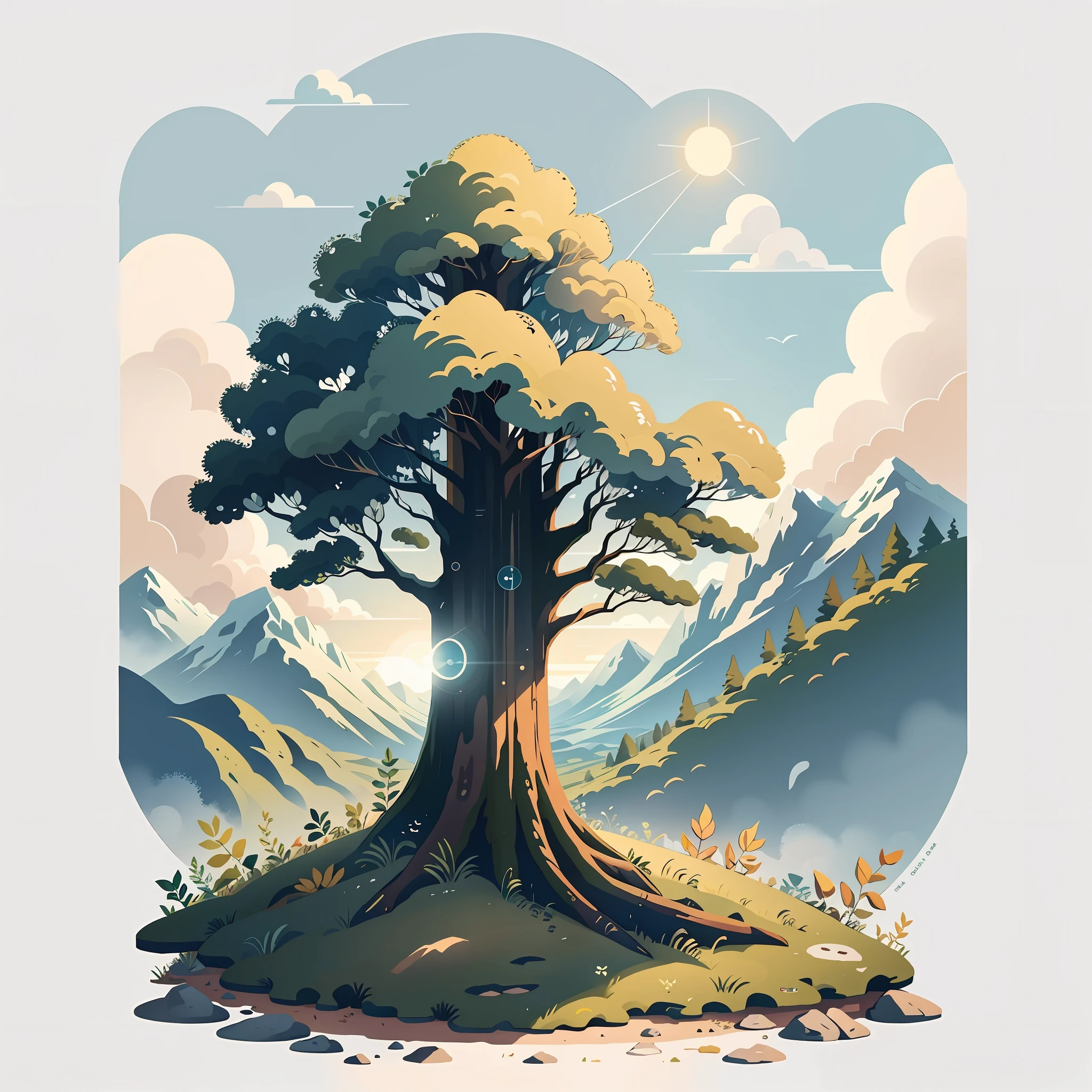 equinox：Sunlight shines through the sparse clouds on the green earth，The sky appears a bright and mild blue，All things are revived。Mobile wallpaper illustration,Nature views, Minimalist illustration, Line illustration, Colorful。circular composition，Flat illustration。