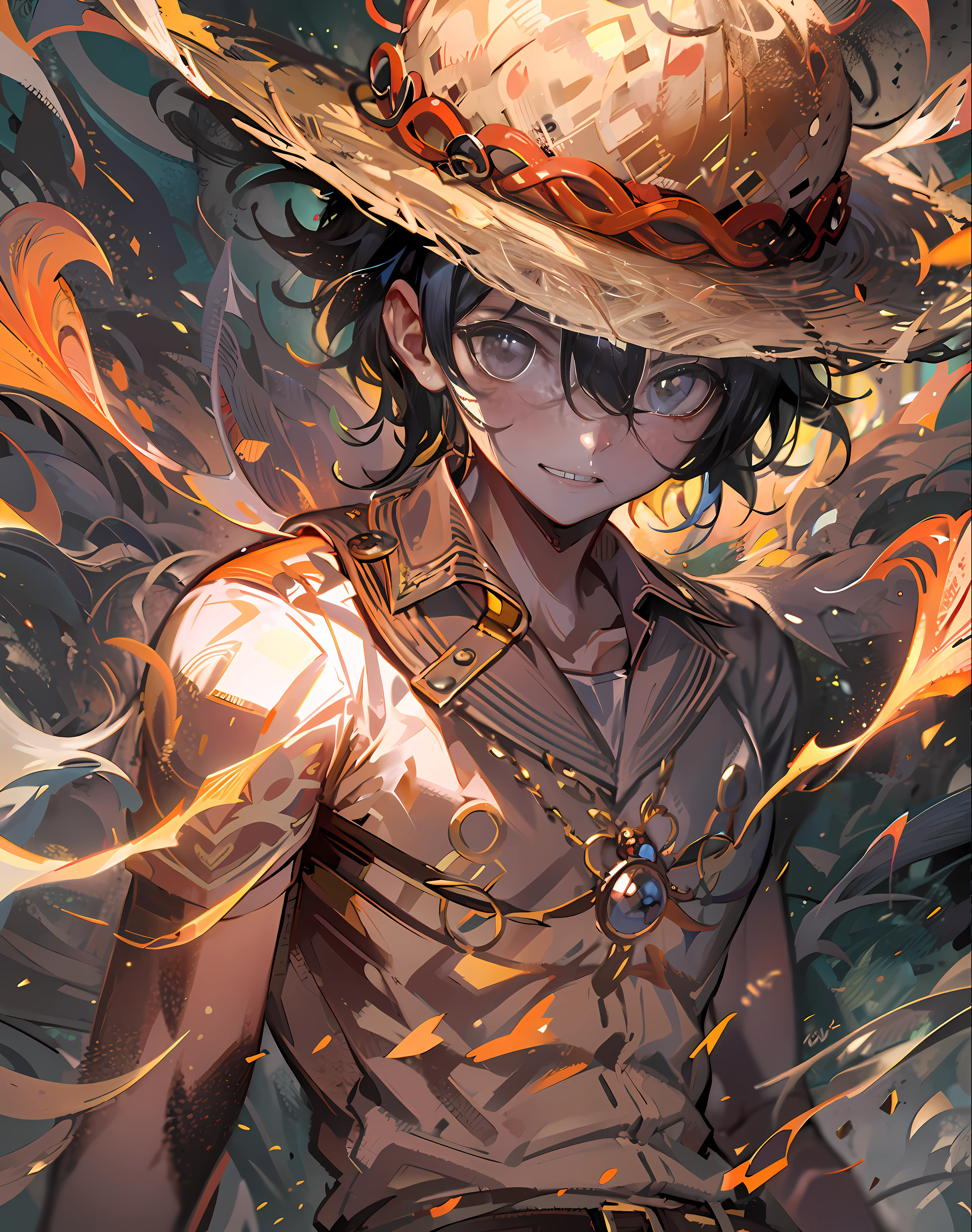 1boy, wanostyle, monkey d luffy, smiling, straw hat, looking at viewer, solo, upper body, ((masterpiece)), (best quality), (extremely detailed), depth of field, sketch, dark intense shadows, sharp focus, soft lighting, hdr, colorful, good composition, fire all around, spectacular, closed shirt, anime screencap, scar under eye, ready to fight, black eyes