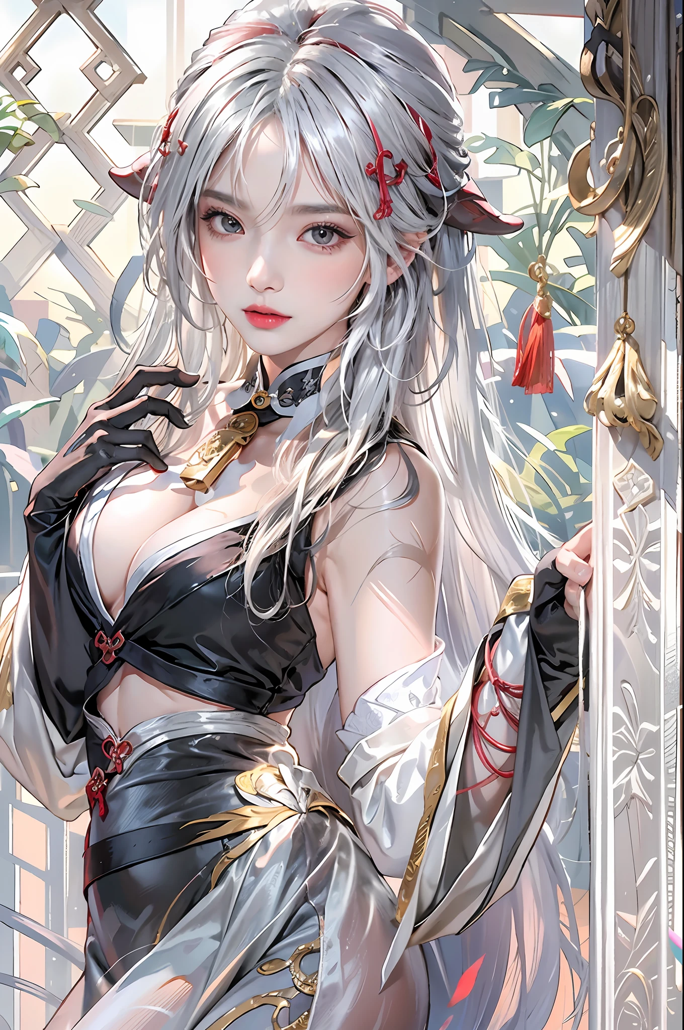 photorealistic, high resolution, 1women, solo, hips up, look at viewer, (detailed face), narrow waist, closed lips, white hair, long hair,ganyu \(genshin impact\), bangs, bare shoulders, bell, black gloves, black pantyhose, blush, breasts, chinese knot, horn, detached sleeves, jewelry