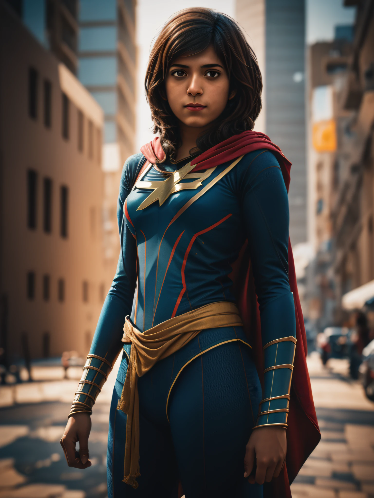 ((Kamala Khan from the series"Ms. Marvel")), inspirada em Iman Vellani, auto retrato hiper-realista, 8k UHD, DSLR, grain of film, pintura fotorrealista Fujifilm XT3 arte midjourney, ((corpo inteiro)),