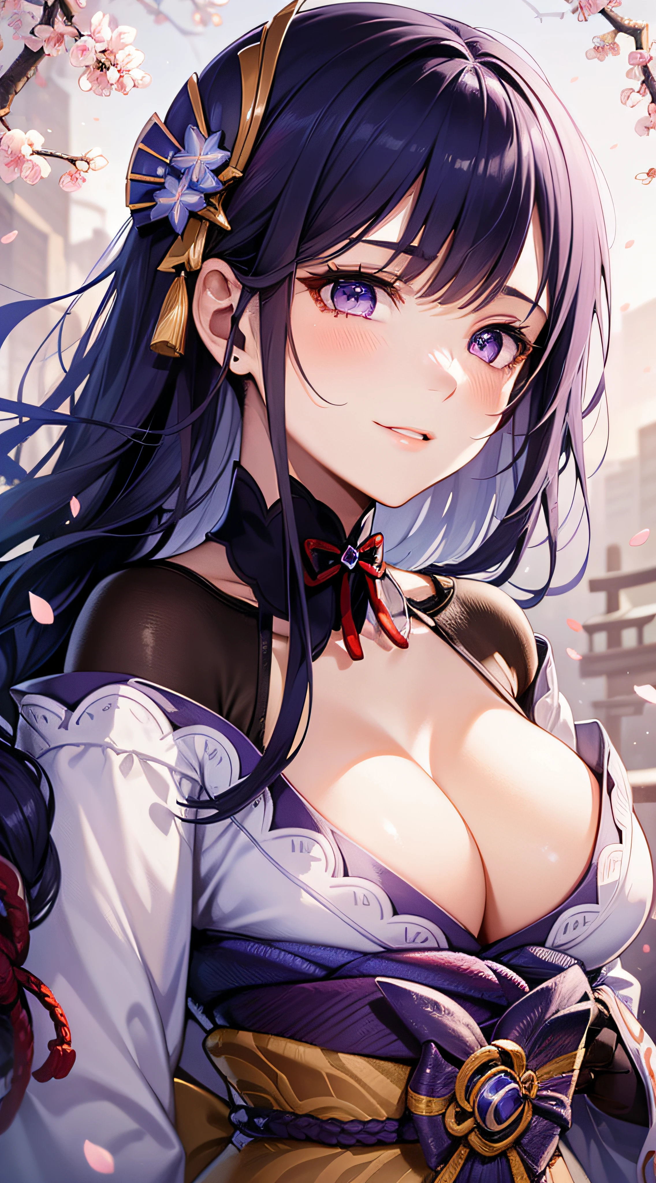 1gril, solo, beautiful female, (breast focus), (breasts out:1.1), medium breasts, outdoor, cherry blossom, wind effect, long hair, gradient hair, black hair, blue hair, purple hair, silver hair, long hair, lonely, ray tracing, reflection light, natural light, depth of field, close-up, masterpiece, best quality, high details, high quality, accurate, textured skin, UHD, RTX, (blushing:1.2), beautiful smile, beautiful eyes, detailed eyes, gradient colorful eyes, glowing eyes, ((Raiden Shogun))