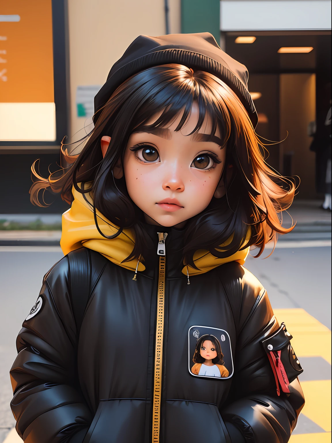 loli menina loira, bonita e fofa, usando touca e jaqueta, moletom, face, Estilo Chibi, cabelos bicolores, amarelo e marrom olhos de detalhe perfeito, rosto delicado, CG perfeito, Qualidade de imagem HD, fundo simples