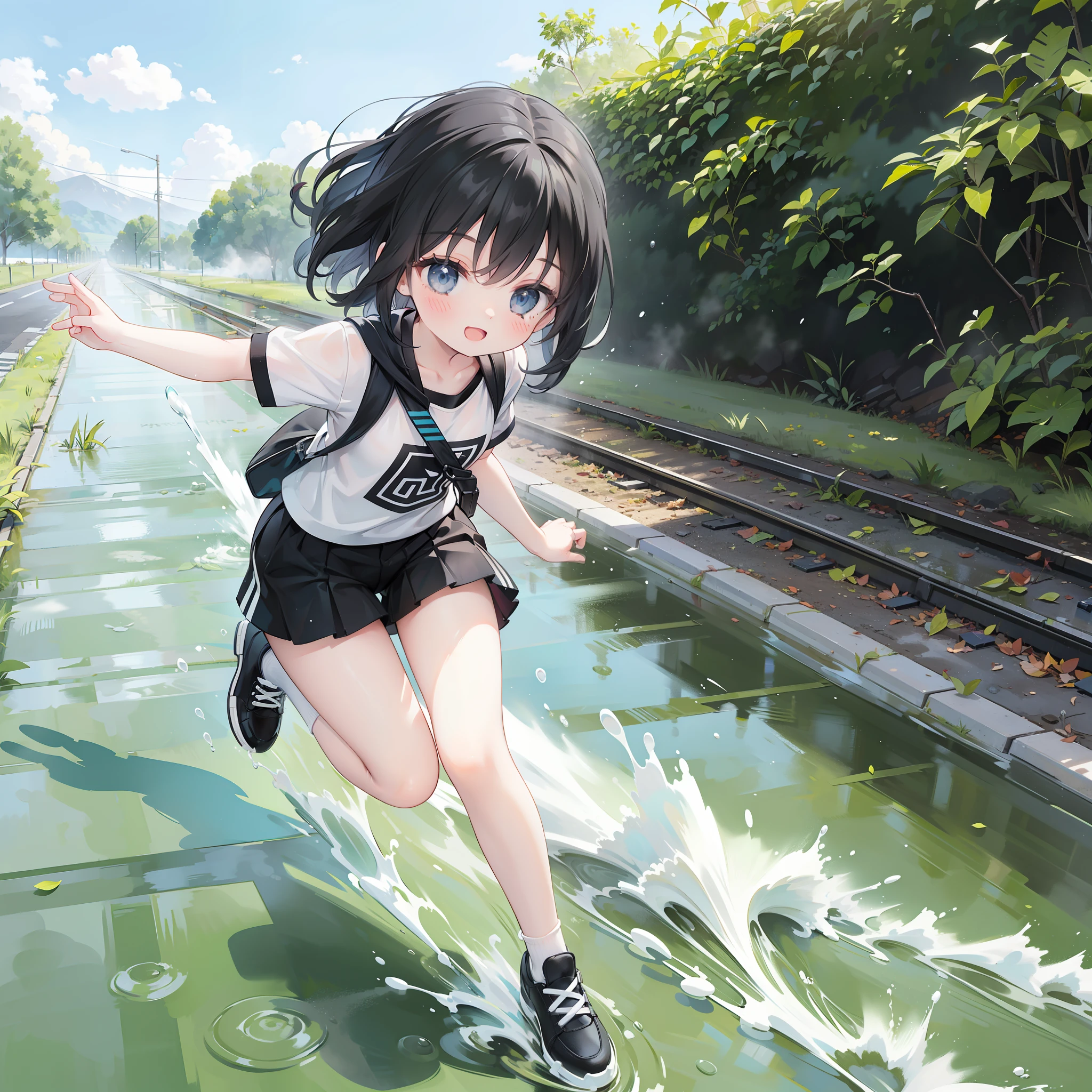 happy 1girl running by the puddles in the footpath, long straight black and white hair, sunny, expressive, exaggerated, ultra detailed, splashes