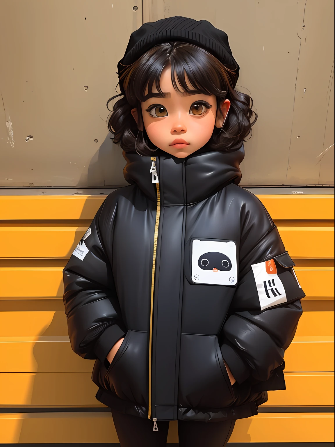 menira, bonita e fofa, usando touca e jaqueta, moletom, babyface, Estilo Chibi, cabelos bicolores, amarelo e marrom olhos de detalhe perfeito, rosto delicado, CG perfeito, Qualidade de imagem HD, fundo simples