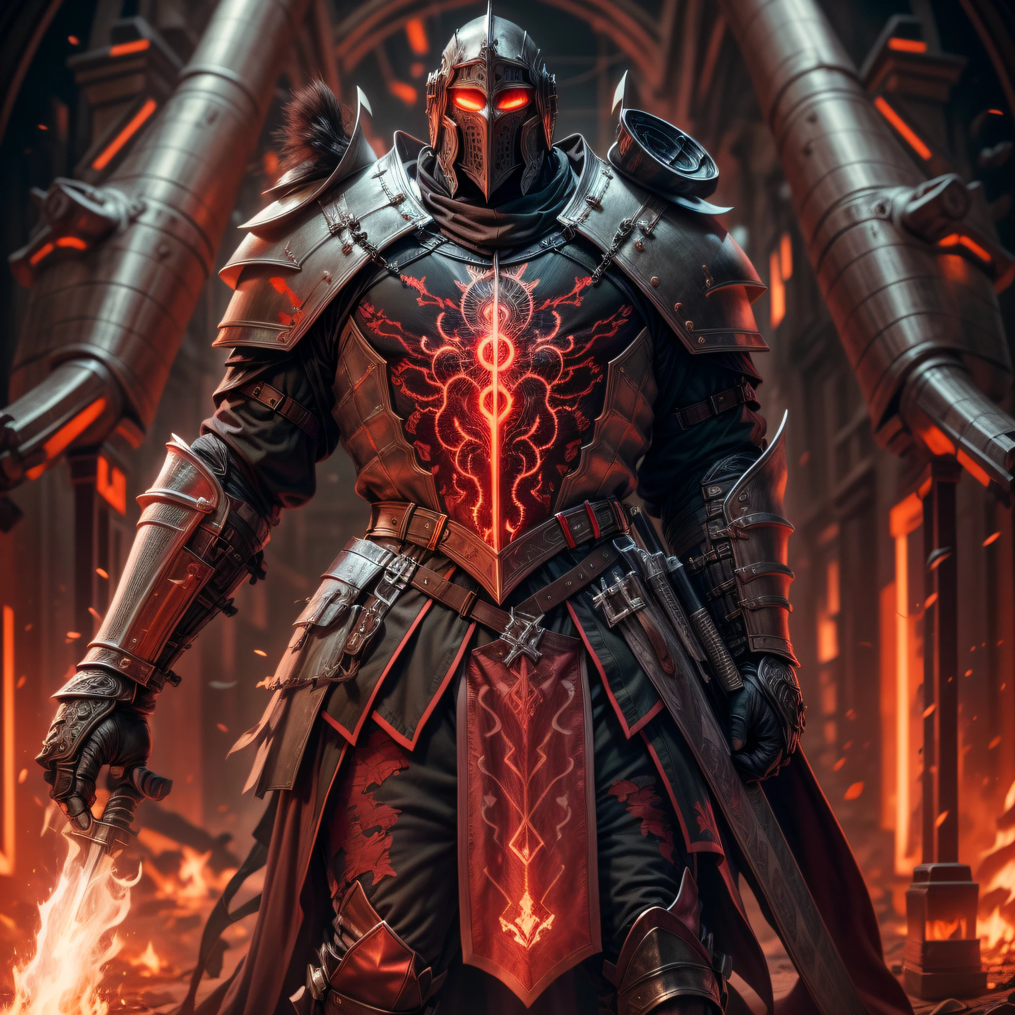 (Masterpiece, intricate details, best quality), 10K resolution, high resolution, 8K,(full body), (full body),(full body),1man, (templar knight), (robust), (high-tech armor with intricate tron circuitry intricate to detail, extremely detailed), positioned behind a huge and powerful shield, with detail, fortified with cutting-edge technology, imposing helm, a flaming red light in the eyes, extremely detailed image in a medieval war scene, rich in fights and background details