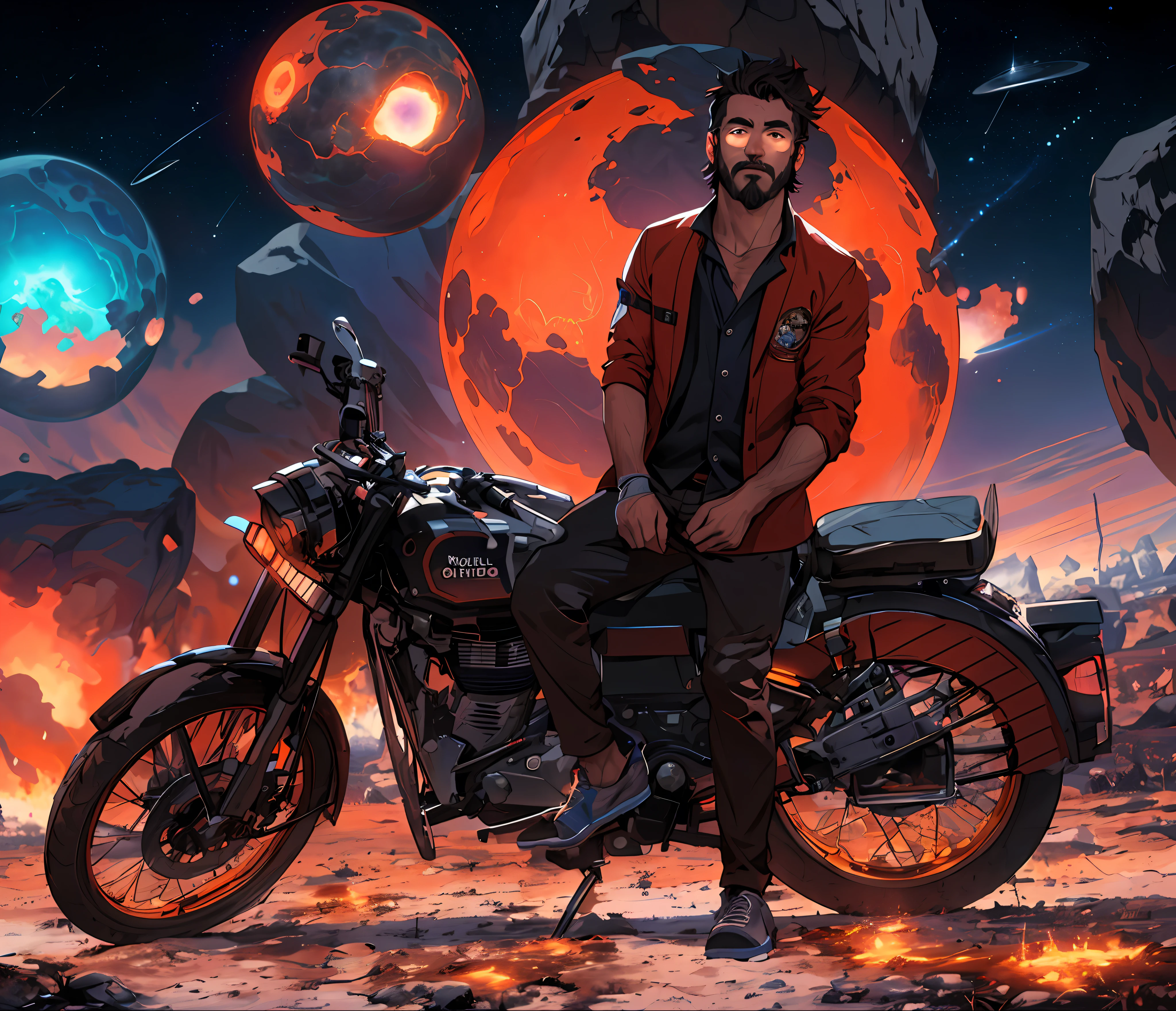 Draw a young programmer, sitting on a research platform floating in the middle of an asteroid belt. He is studying with a notebook, surrounded by several asteroids glowing with fiery auras. Dramatic lighting from distant stars and planets illuminates the scene, casting deep shadows on the suit. The young man looks confident and determined, looking at the vast and mysterious universe with wonder and respect,facial hair, cowboy shot,