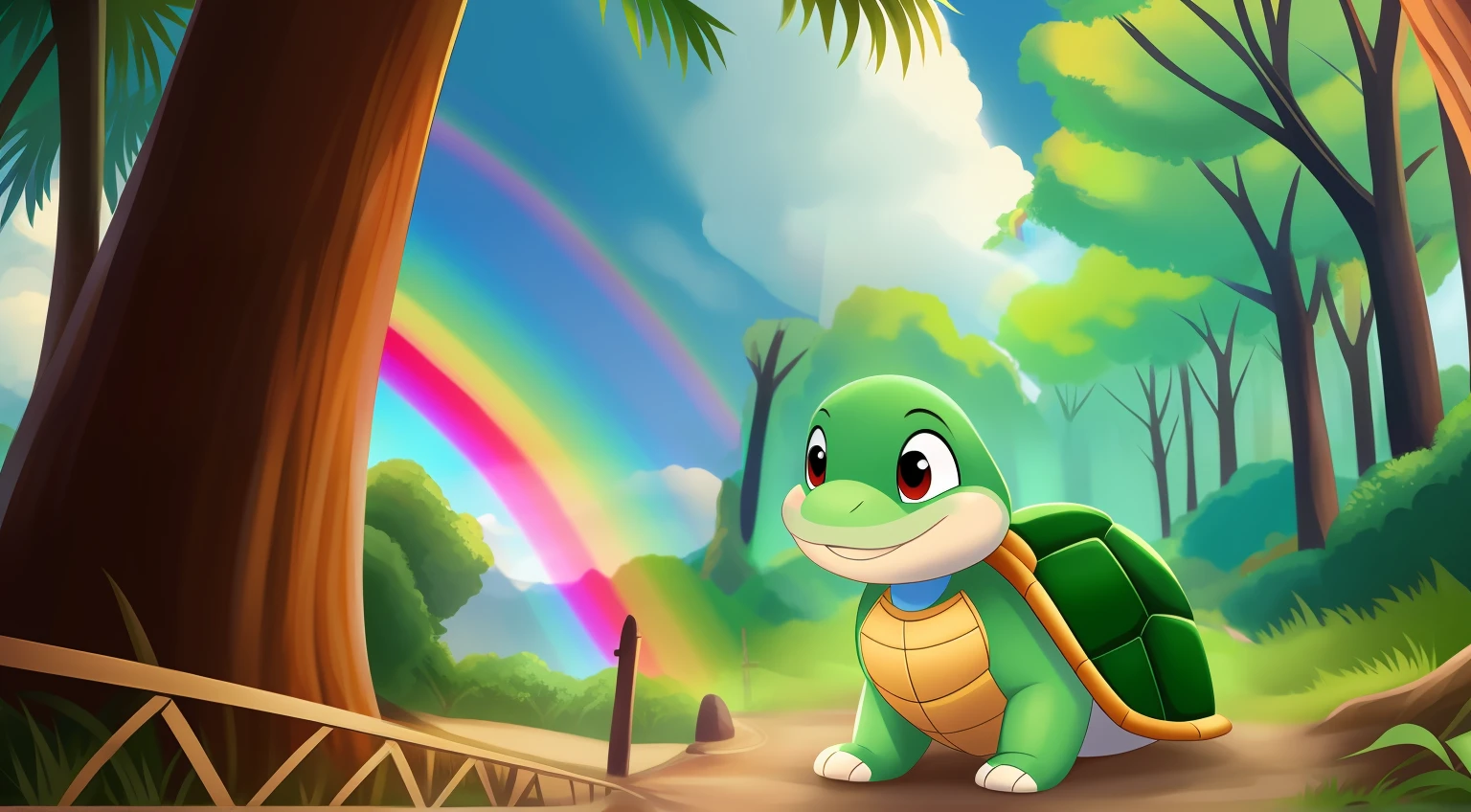 There is a big rainbow in the sky