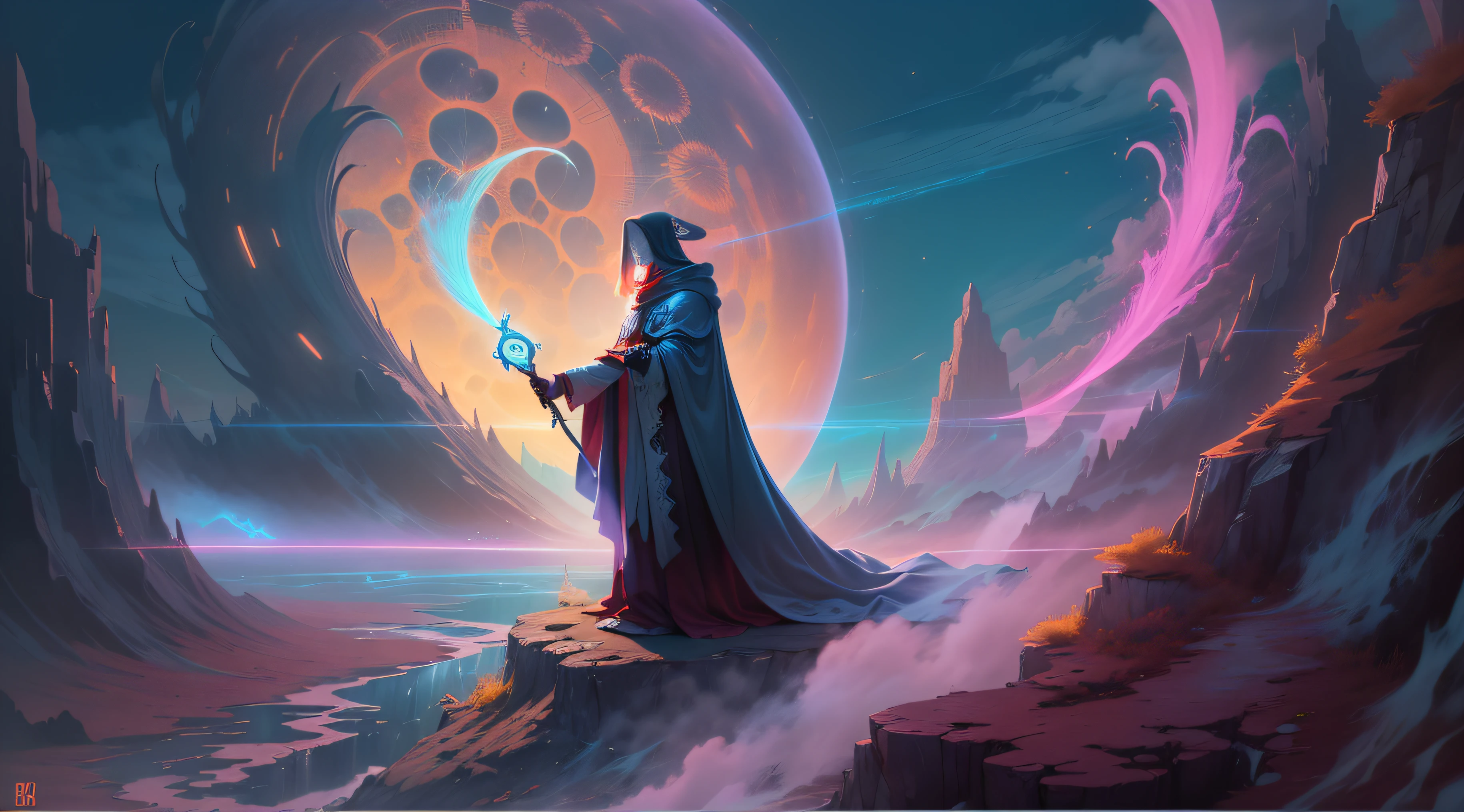 (melhor qualidade, obra-prima: 1.1), (realista: 1.4), "Crie uma imagem de um ceifador espectral, dressed in ethereal robes and bearing a gleaming sickle. His presence haunts the landscape, emanating an aura of mystery and transcendence between the worlds." retroonda, Neon punk, Colouring