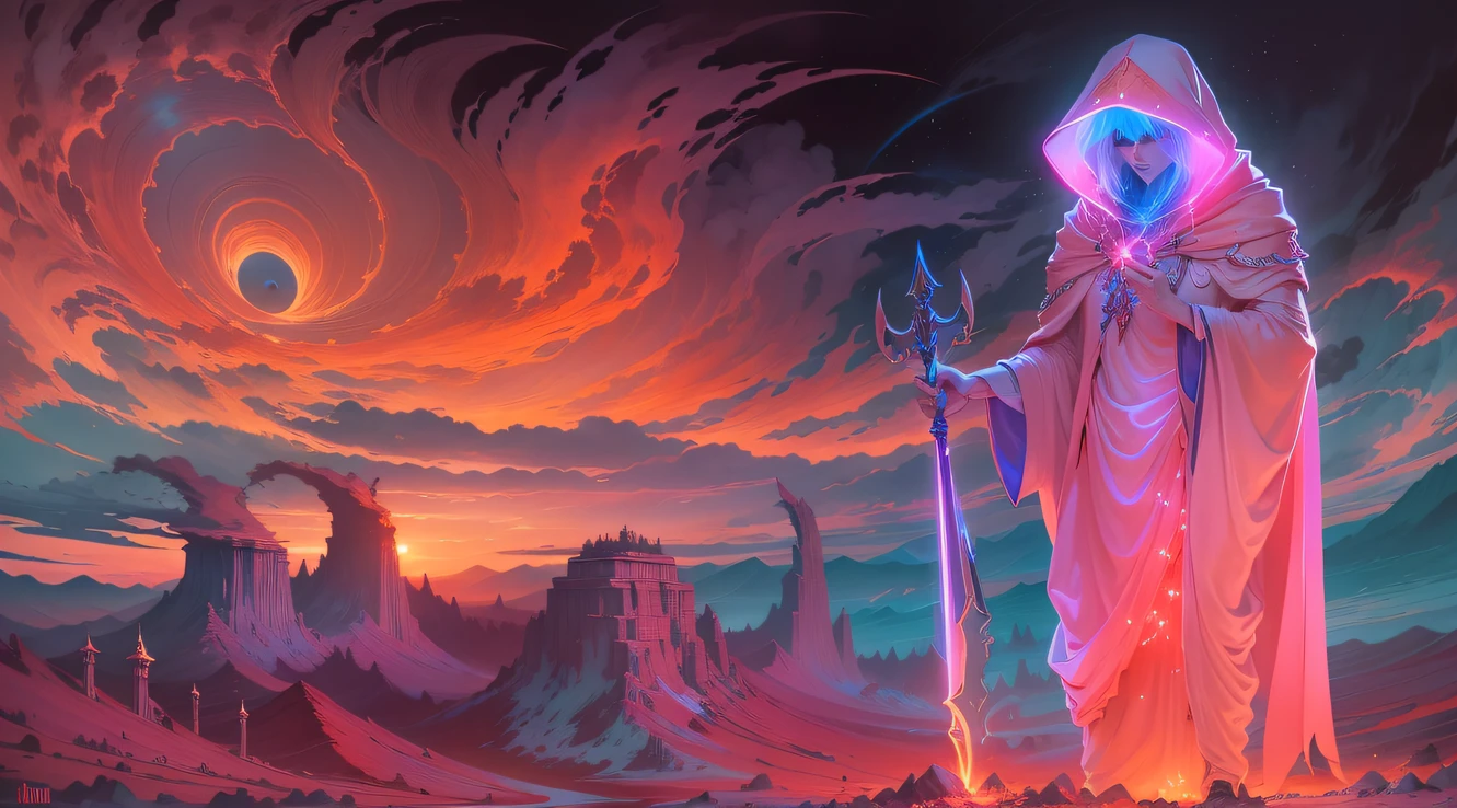 (melhor qualidade, obra-prima: 1.1), (realista: 1.4), "Crie uma imagem de um ceifador espectral, dressed in ethereal robes and bearing a gleaming sickle. His presence haunts the landscape, emanating an aura of mystery and transcendence between the worlds." retroonda, punk neon, colorido