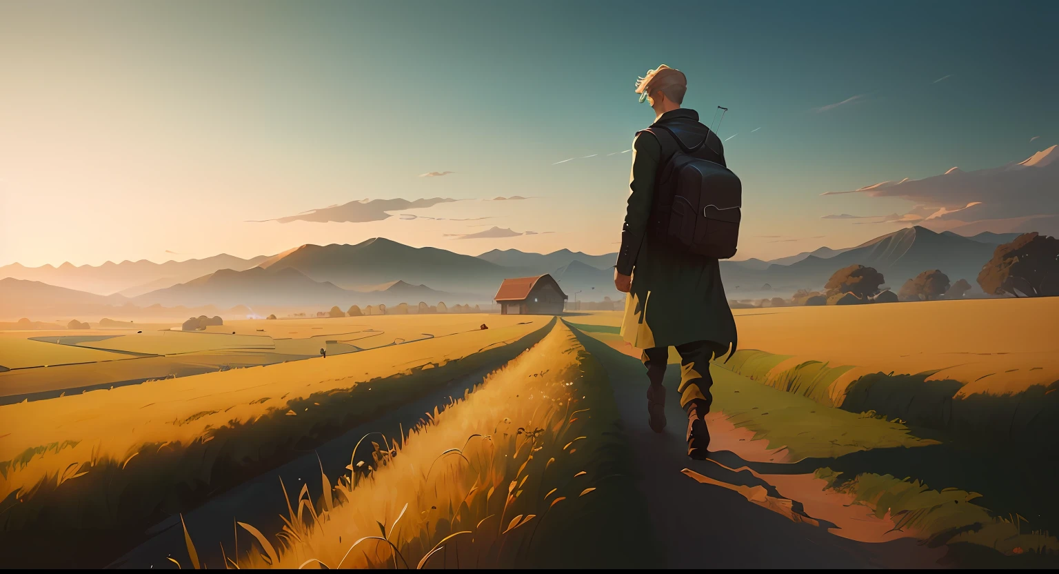 In the field there was a man walking on the path,He wears Arti Guérin in the style of Jacob Sicannede,The scene depicts the anime countryside landscape in detail,Digital painting conceptual art style。This is a 4K highly detailed digital art wallpaper,Book illustrations inspired by surreal renderings of adventure,The unique style of Johannes Helgesson and Andreas Rocha blends in。