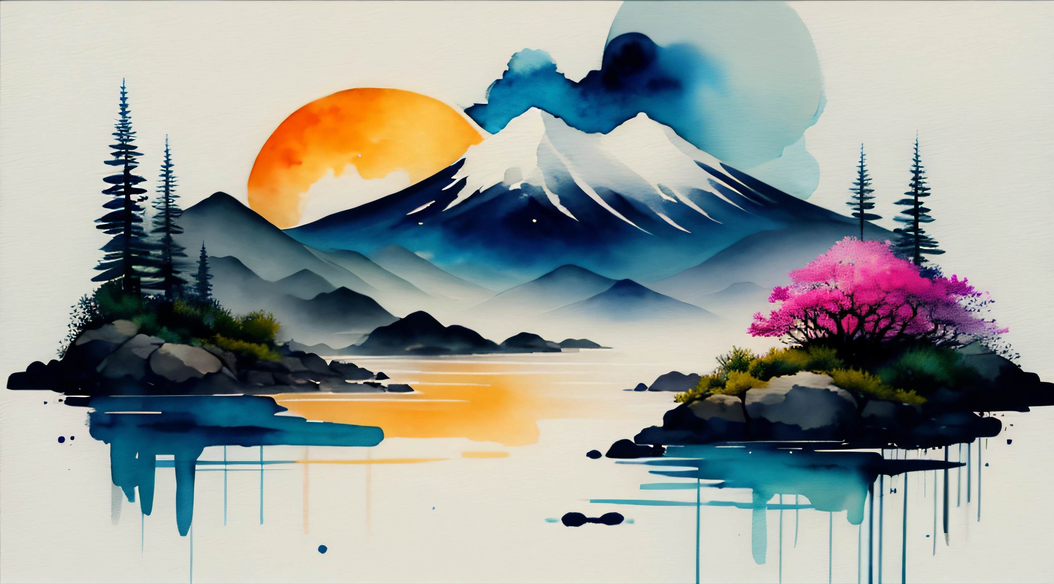 white background, scenery, watercolor, mountains, water, trees, moon, colorful,