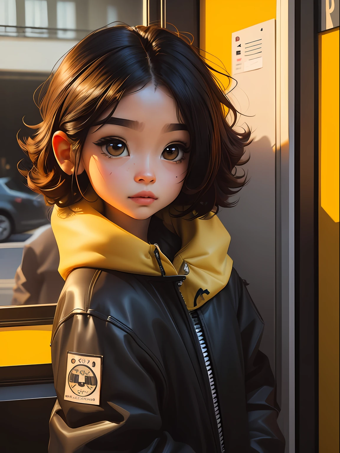loli menina loira, bonita e fofa, usando touca e jaqueta, moletom, babyface, Estilo Chibi, cabelos bicolores, coque desarrumado, amarelo e dourado, olhos de detalhe perfeito, rosto delicado, CG perfeito, Qualidade de imagem HD, fundo simples
