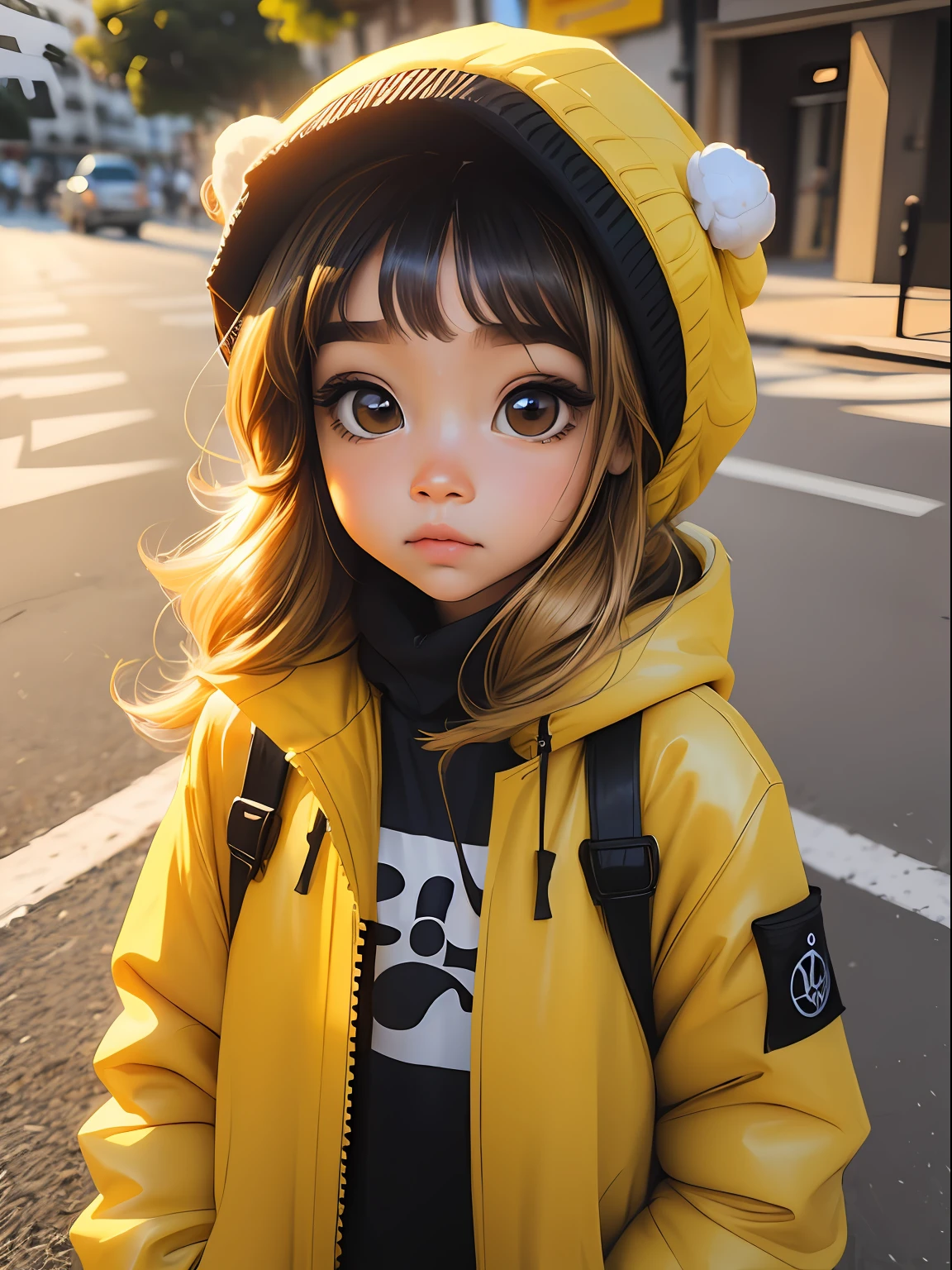loli menina loira, bonita e fofa, usando touca e jaqueta, moletom, face, Estilo Chibi, cabelos bicolores, coque desarrumado, amarelo e dourado, olhos de detalhe perfeito, rosto delicado, CG perfeito, Qualidade de imagem HD, fundo simples