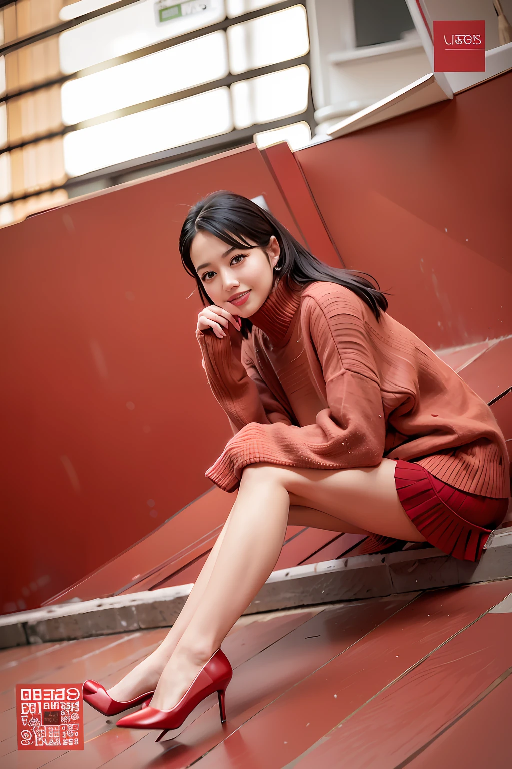 araffe woman sitting on a step with her legs crossed, Wear a red turtleneck sweater, red colour, reluvy5213, Red clothes, Attractive pose, red sweater and gray pants, inspired by Cheng Jiasui, dilraba dilmurat, wearing red clothes, inspired by Ma Yuanyu