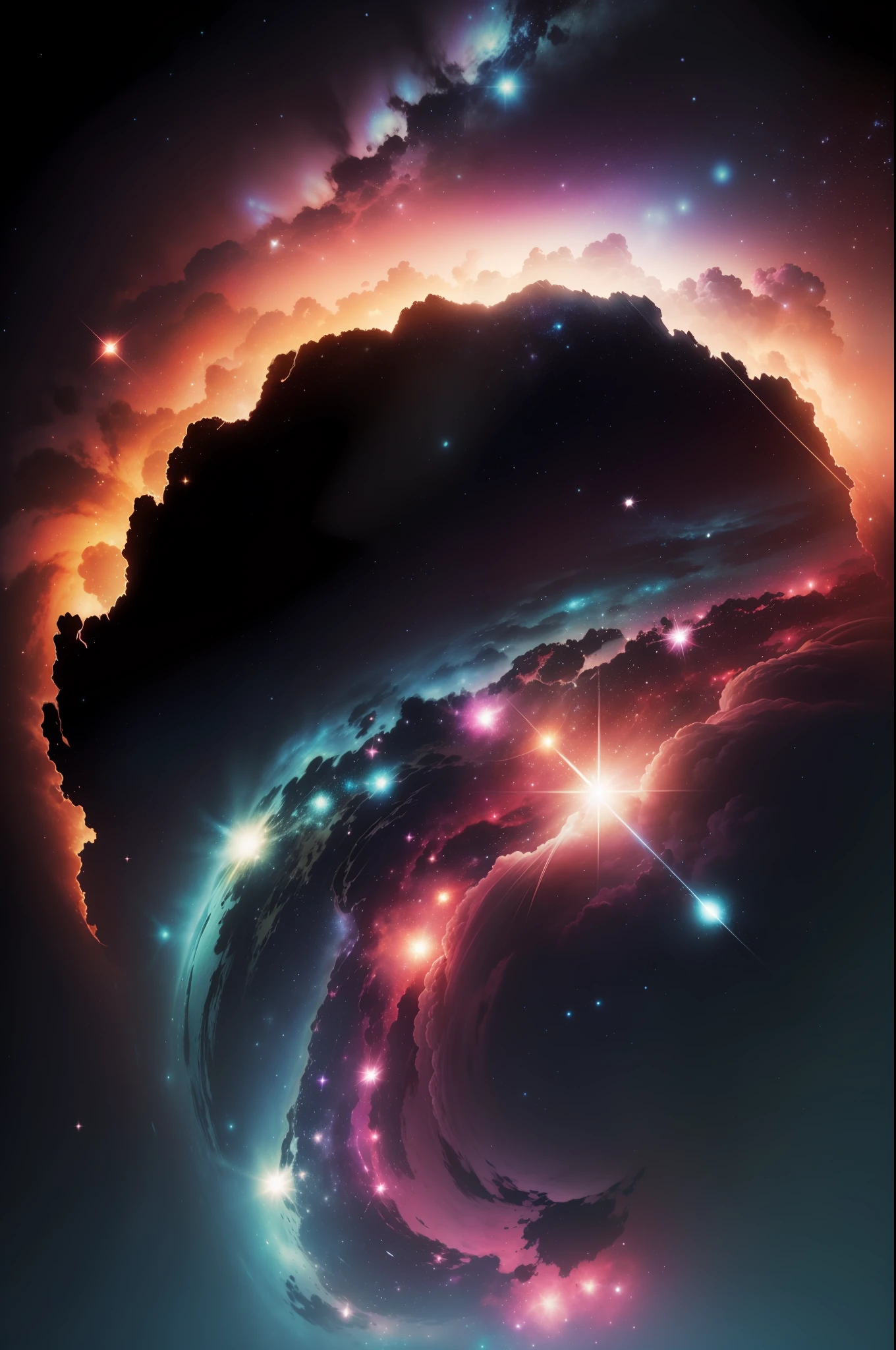 swpunk, synthwave, splatters de tinta, (papel de parede 8k extremamente detalhado), an intergalactic nebula on a colorful background of stars, ray tracing, Intricate, High Detail, dramatic, obra-prima de melhor qualidade, fotorrealista, detalhado, 8k, HDR, retroiluminação, bloom, brilhos de luz, chromatic aberration, foco nítido, bordas escuras para colocar texto,galaxia rosa, estrelas, universo colorido, bordas escuras, galaxia bem no fundo, Constellation Rosa