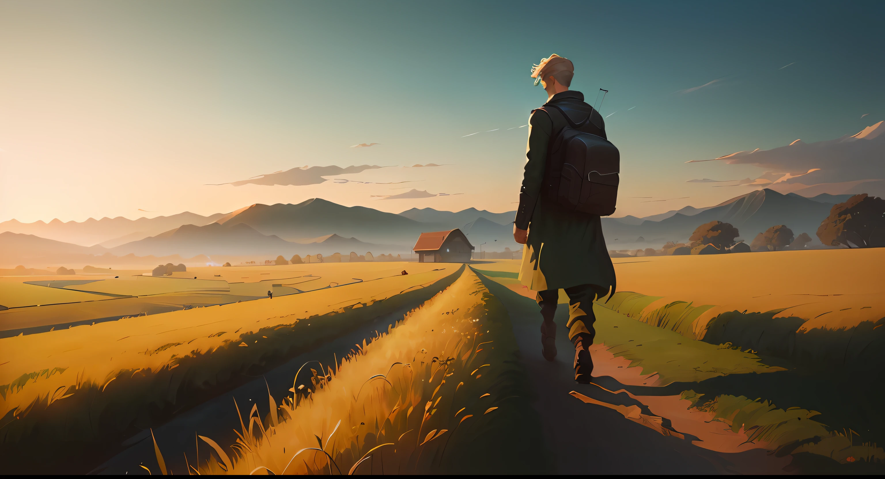 In the field there was a man walking on the path，He wears Arti Guérin in the style of Jacob Sicannede，The scene depicts the anime countryside landscape in detail，Digital painting conceptual art style。This is a 4K highly detailed digital art wallpaper，Book illustrations inspired by surreal renderings of adventure，The unique style of Johannes Helgesson and Andreas Rocha blends in。