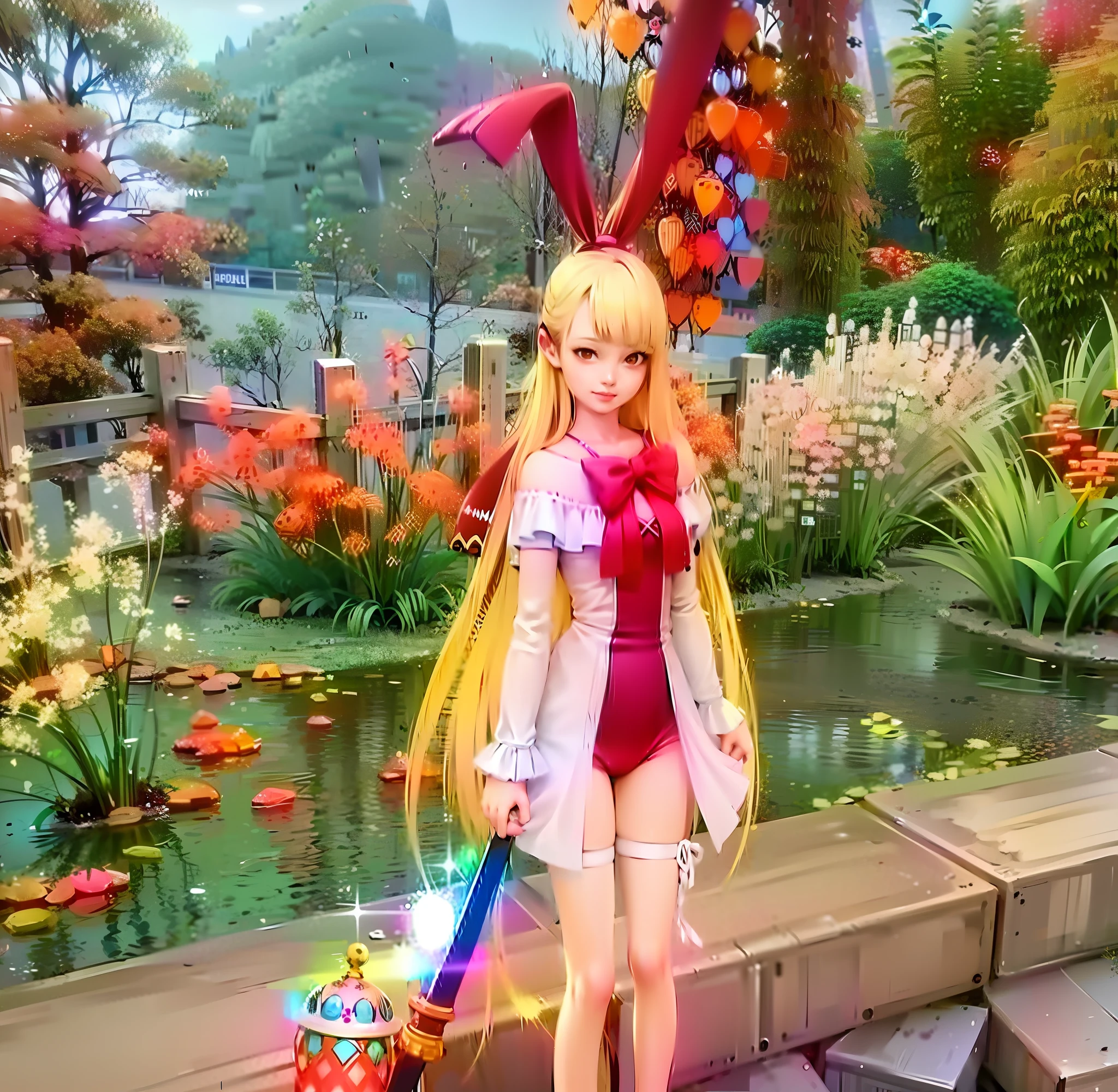Chica anime con cabello largo y rubio y vestido rojo sosteniendo una espada, Estilo Azur Lane, Del videojuego Azure Lane, Conejita, con grandes liston de conejo, con orejas de conejo, Asuna Yuuki, Chica rubia de anime con cabello largo con flequillo, ojos cian, rabbt_charachter, Personajes de Azure Lane, small curvy loli, Motor irreal, ojos pefectos,