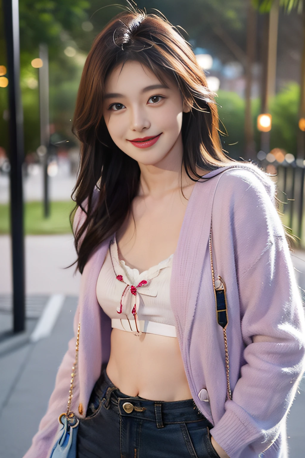 (Foto realism, Park at night, uma encantadora garota, radiant expression, corpo deliciosamente detalhado, belo sorriso, seios perfeitamente modelados)
