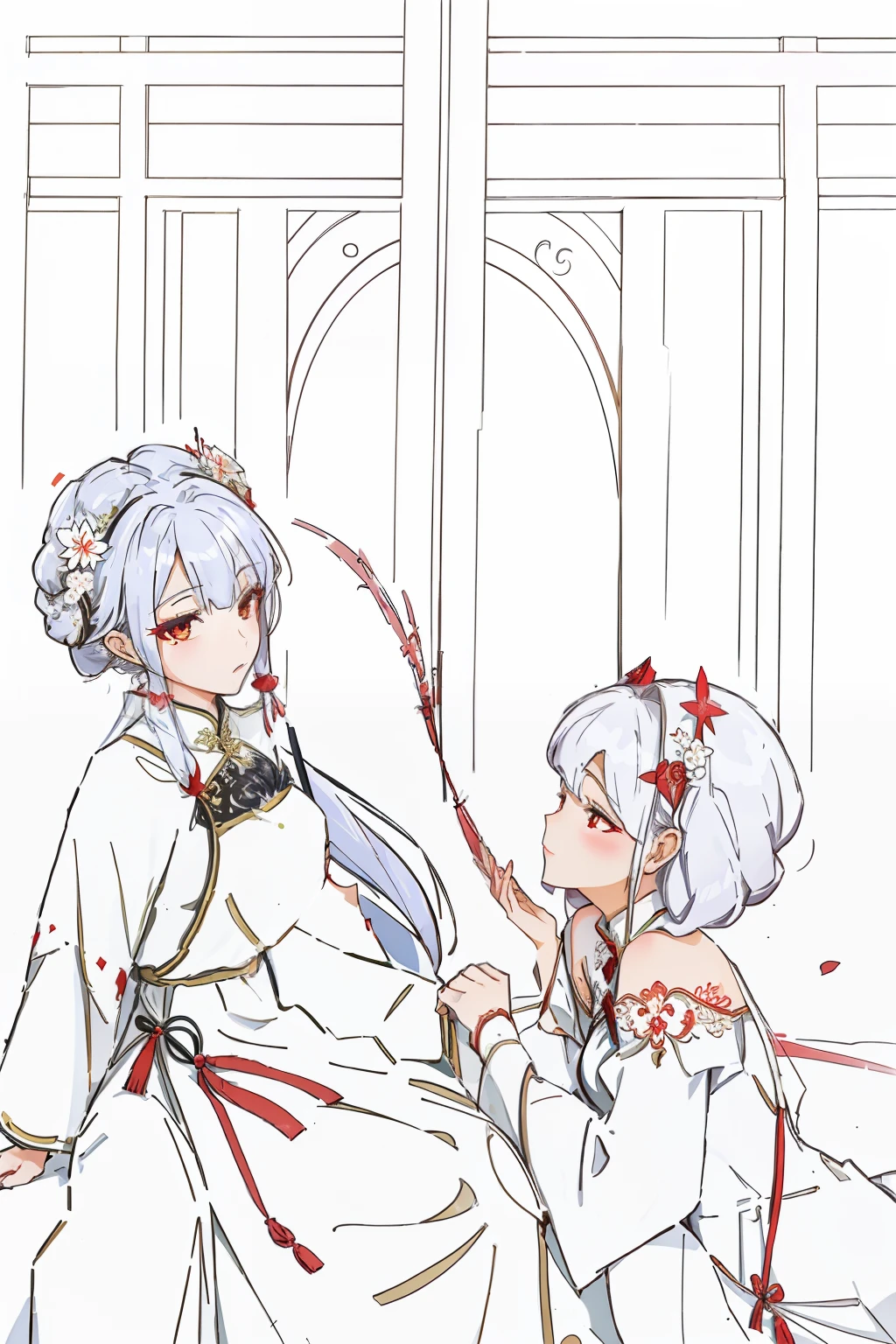 Two adult females,ancientry,White cheongsam plum embroidery,Long red off-the-shoulder dress,Black coiled hairstyle,Touch your face,Ancient boudoir,luz de velas