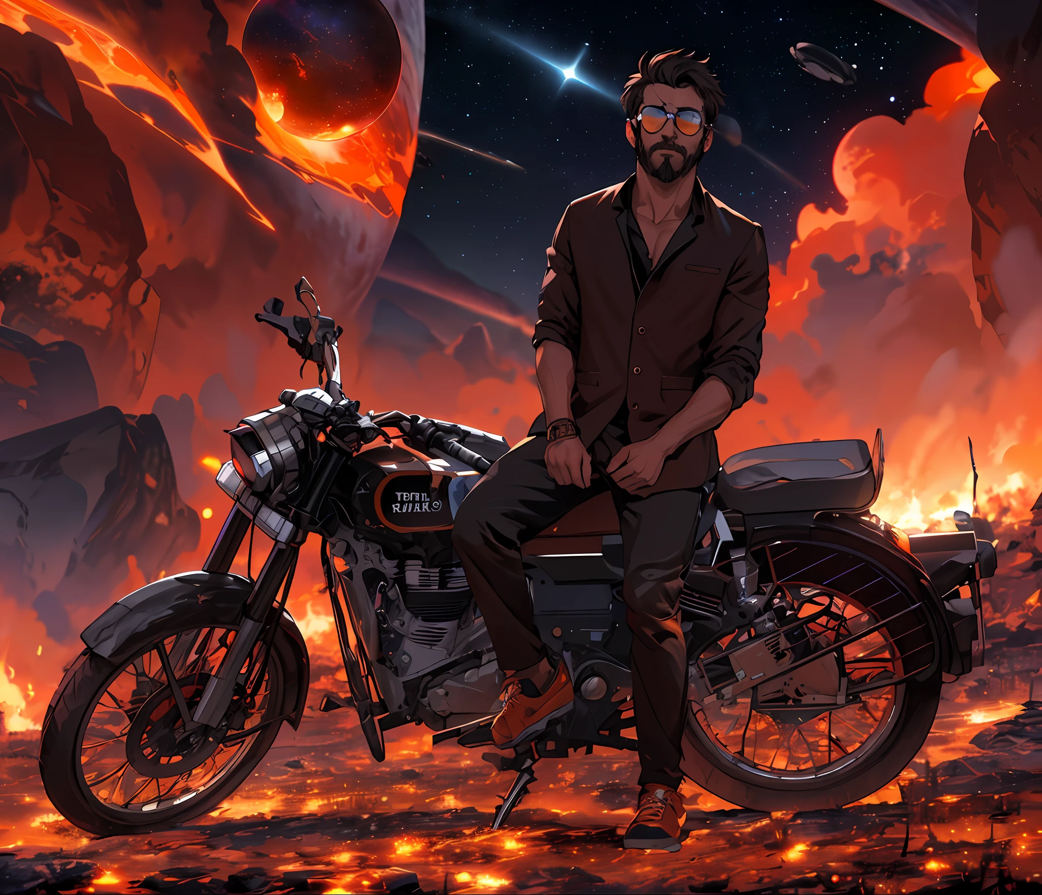 Draw a young programmer, sitting on a research platform floating in the middle of an asteroid belt. He is studying with a notebook, surrounded by several asteroids glowing with fiery auras. Dramatic lighting from distant stars and planets illuminates the scene, casting deep shadows on the suit. The young man looks confident and determined, looking at the vast and mysterious universe with wonder and respect,facial hair, cowboy shot, black sun glasses