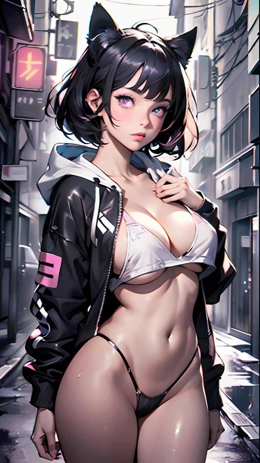 girl spacepunk,(((1girl))),((anime girl with extremely cute and beautiful black hair cat ears walking seductively down the street)),
(large breasts:1.4),saggy breasts,(((black wavy bob hair:1.35,bangs;1.35,messy hair,colored inner hair,ear breathing))),((((cat ears,cat ears on head,big cat ears)))),((pink eyes:1.3,upturned eyes:1.3,perfect eyes,beautiful detailed eyes,rainbow glows ultra-detailed deep pink purple eyes:1.1,gradient eyes:1,finely detailed beautiful eyes:1,symmetrical eyes:1,big highlight on eyes:1.2)),((fat)),(((lustrous skin:1.5,bright skin: 1.5,skin tanned,shiny skin,very shiny skin,shiny body,plastic glitter skin,exaggerated shiny skin))),(spider lower abdomen,narrow waist,wide hip,athletic body,inflated legs,delicate detailed fingers,detailed body,detailed arms,human hands,(detailed face)),
cute,slutty,seductive,erotic,(((nsfw))),
zettai ryouiki,revealing clothing,show skin,((((underboob)))),(cleavage),(wearing a gothic clothes:1.3,semi-naked,with little clothing,((tiny thong)),bare legs,visible thong straps),((((crop top hoodie,cropped hoodie,hoodie)))),((detailed outfit,detailed clothes)),
(dynamic pose:1.0),solo focus,embarrassed,centered,scale to fit dimensions,Rule of thirds,
outdoors,((night view)),(cyberpunk night street Background: 1.5,dark sky,alleyway,lonely alley,thick clouds,detailed background:1.25),
(best quality),(high resolution),(sharp focus),(ultra detailed),(extremely detailed),(extremely high quality artwork),8k_wallpaper,(extremely detailed CG 8k),(very fine 8K CG),((hyper super ultra detailed perfect piece)),flawless,(((masterpiece))),illustration,vibrant colors,(intricate),High contrast,Selective lighting,Double exposure,HDR (High Dynamic Range),Post-processing,Background blur,