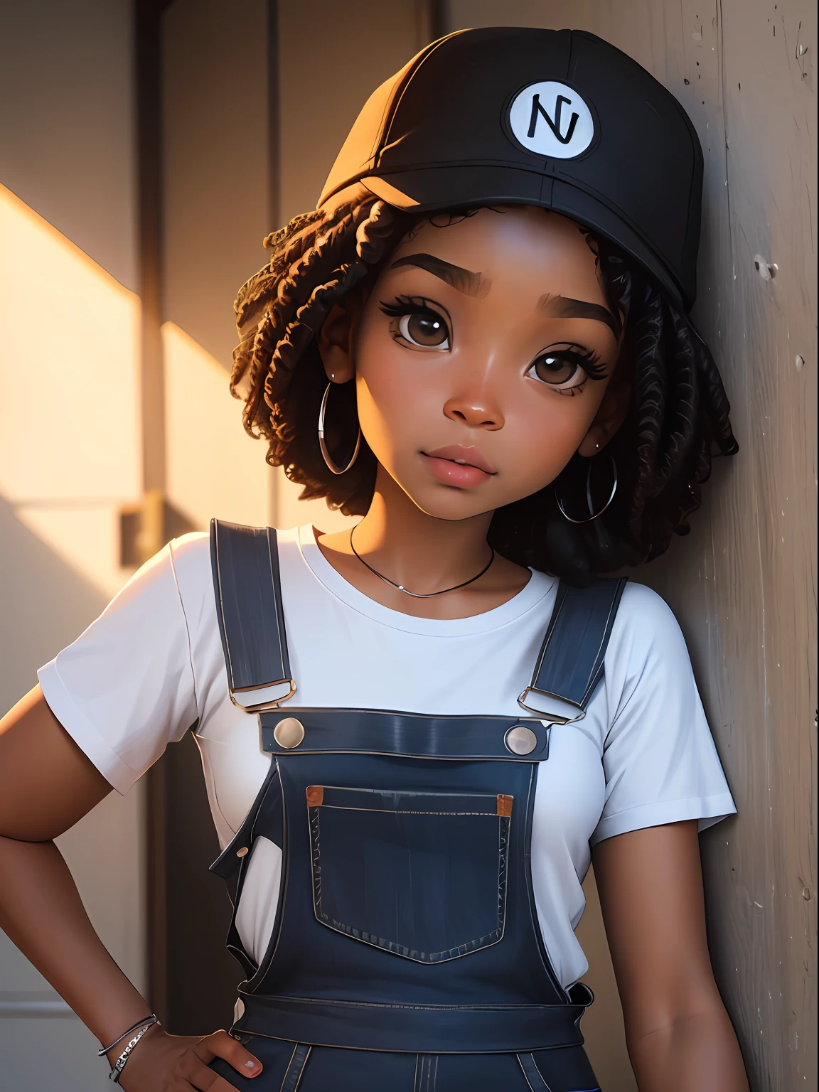 loli menina negra loira, bonita e fofa, wearing cap and overalls, face, Estilo Chibi, cabelos bicolores, coque desarrumado, olhos de detalhe perfeito, rosto delicado, CG perfeito, Qualidade de imagem HD, fundo simples
