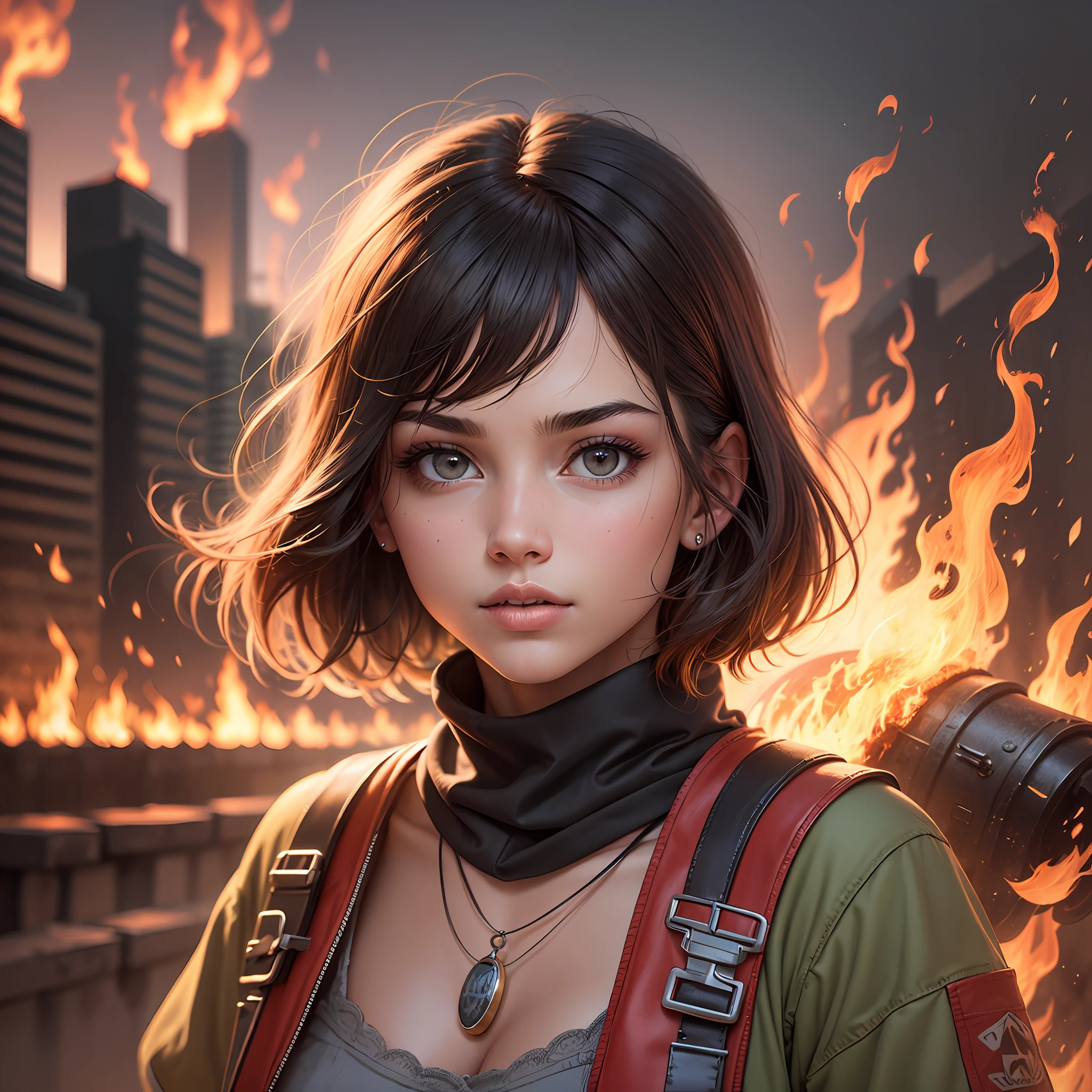 Beautiful girl, superrealism, fire in the background --auto --s2
