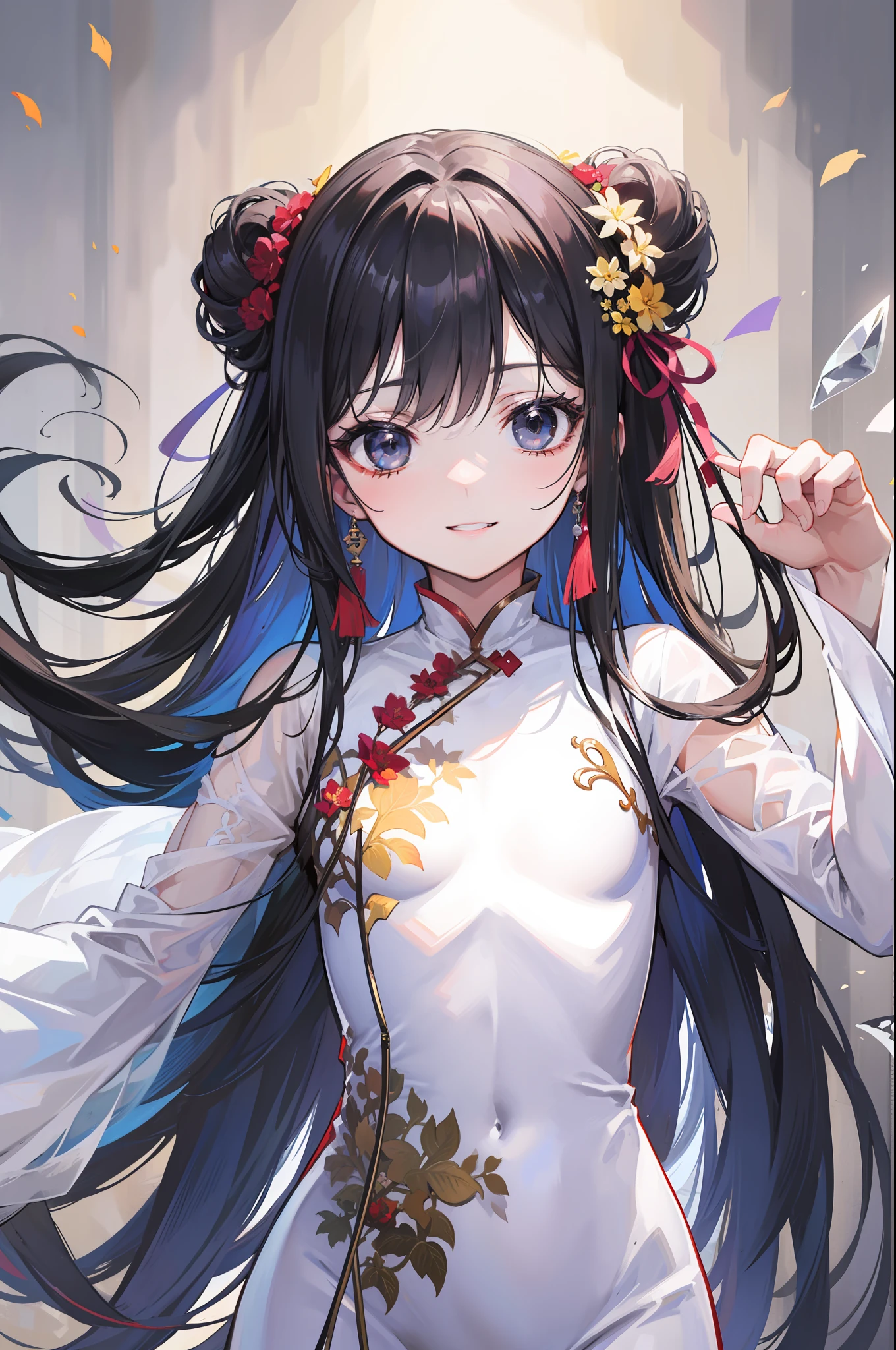 top-quality、masterpiece、超A high resolution、(One Kind-hearted Girl)、(flat chest)、((Ao Dai))、((A slender))、A dark-haired、Black eyes、A smile that you want to protect