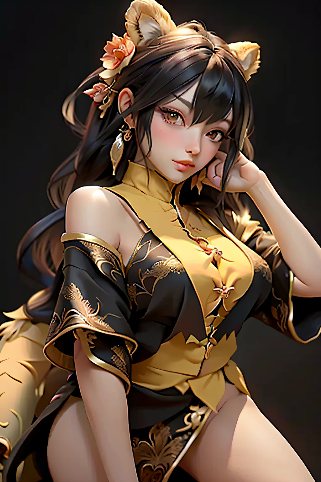 An Arad woman dressed in black and gold holds a dragon, by Yang J, author:Oliver Sheen, 8K high quality detailed art, trending on cgstation, 2. 5 D CGI anime fantasy artwork, chengwei pan on artstation, Fanart Meilleure ArtStation, Detailed digital anime art, the dragon girl portrait, Dragon girl, By Li Song