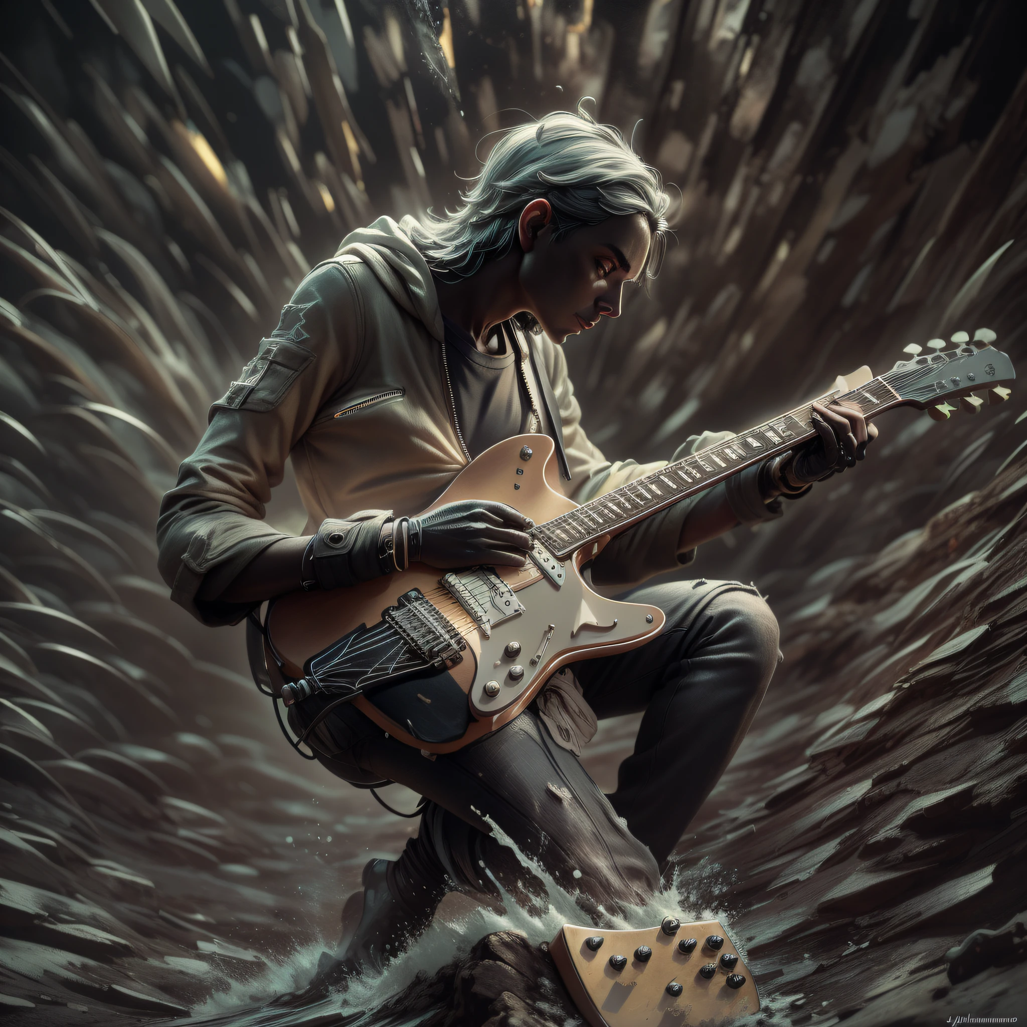 uma escultura de luz 3D altamente detalhada do estilo de arte Joan Fontcuberta representando uma guitarra de buraco negro engolindo centralizada. Motor Unreal 5, cinemactic, Low-angle photography, motion blur, profundidade de campo, dust, Seixos e lama. Arte Splash, pingando tinta. Perfect color classification. influenciado por karel Appel e jeremy mann, A dramatic and menacing scene, hiper-detalhado, Beautiful, detalhes insanos, detalhes intrincados, fotografia editorial, FotograFado na lente de 50mm, profundidade de campo, Tilt Blur, velocidade do obturador 1/1000, F/22. mapeamento de luz, Ultrabrilhante |