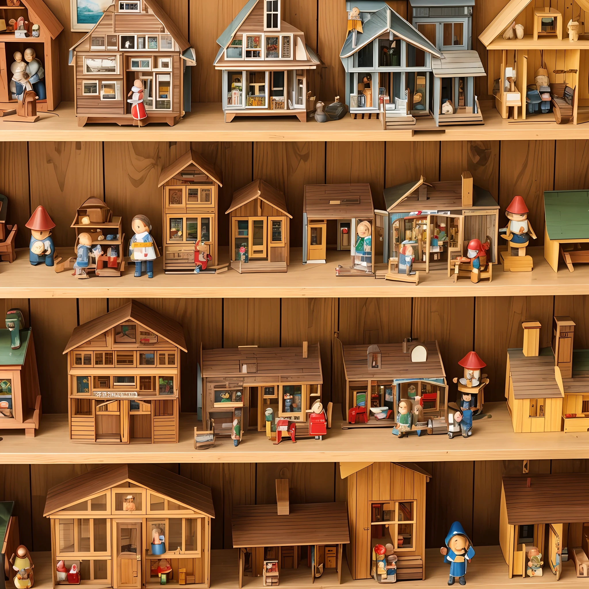 inside a little wooden toystore of decades ago, on the wooden shelves there are dolls little soldiers and wooden trains, painting, nostalgia --auto --s2