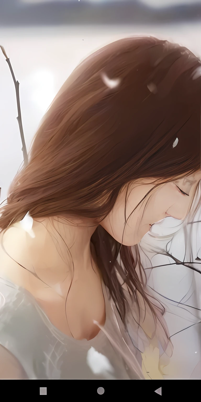 there is a woman that is standing in the snow with a bird, realistic cute girl painting, beautiful realistic painting, wet flowing hair, painting of beautiful, wet dripping hair, beautiful character painting, girl with brown hair, beautiful digital painting, super realistic painting style, realistic painting, realistic oil painting, gorgeous digital painting, photo realistic painting, realistic illustrative painting