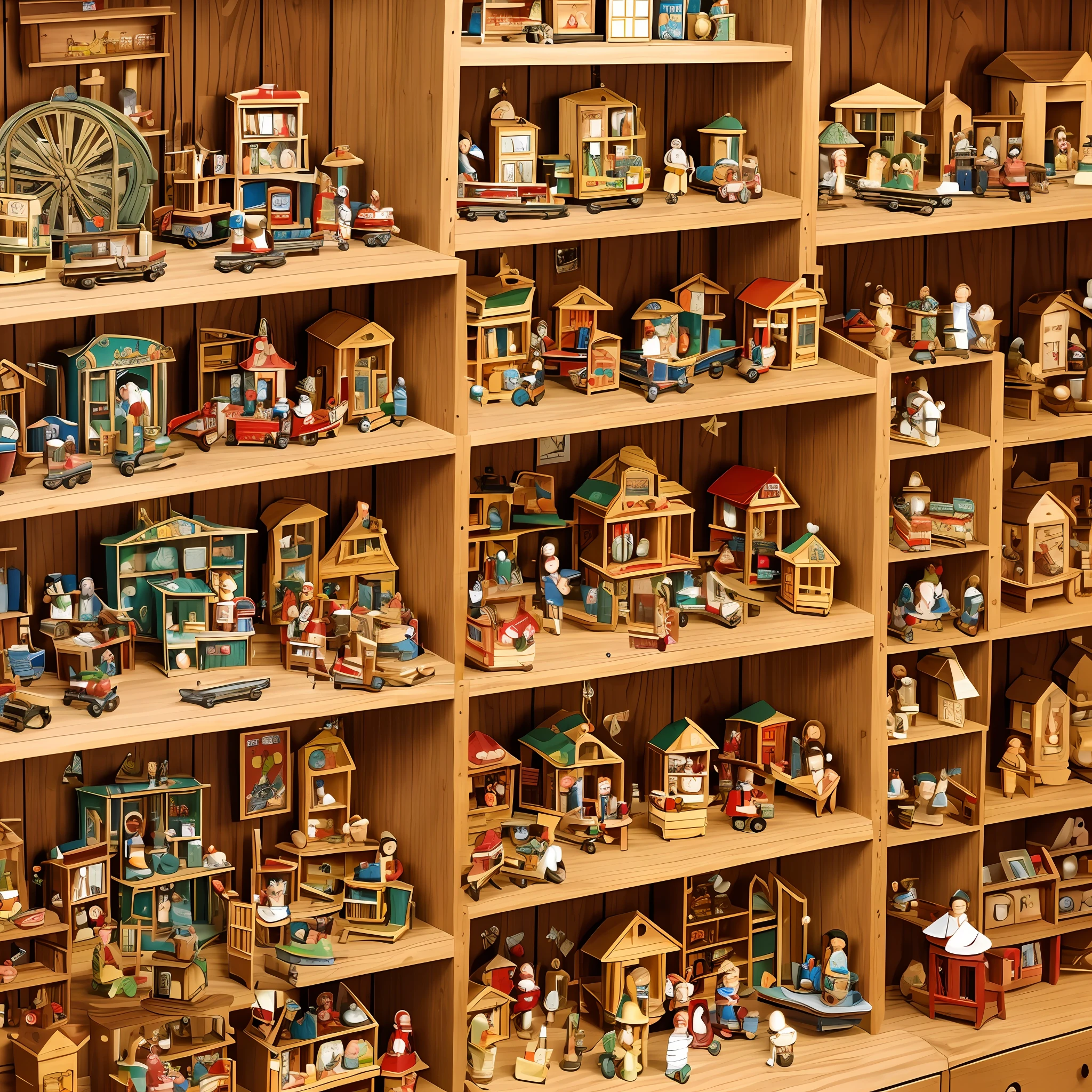 inside a little wooden toystore of decades ago, on the wooden shelves there are dolls little soldiers and wooden trains, painting, nostalgia --auto --s2