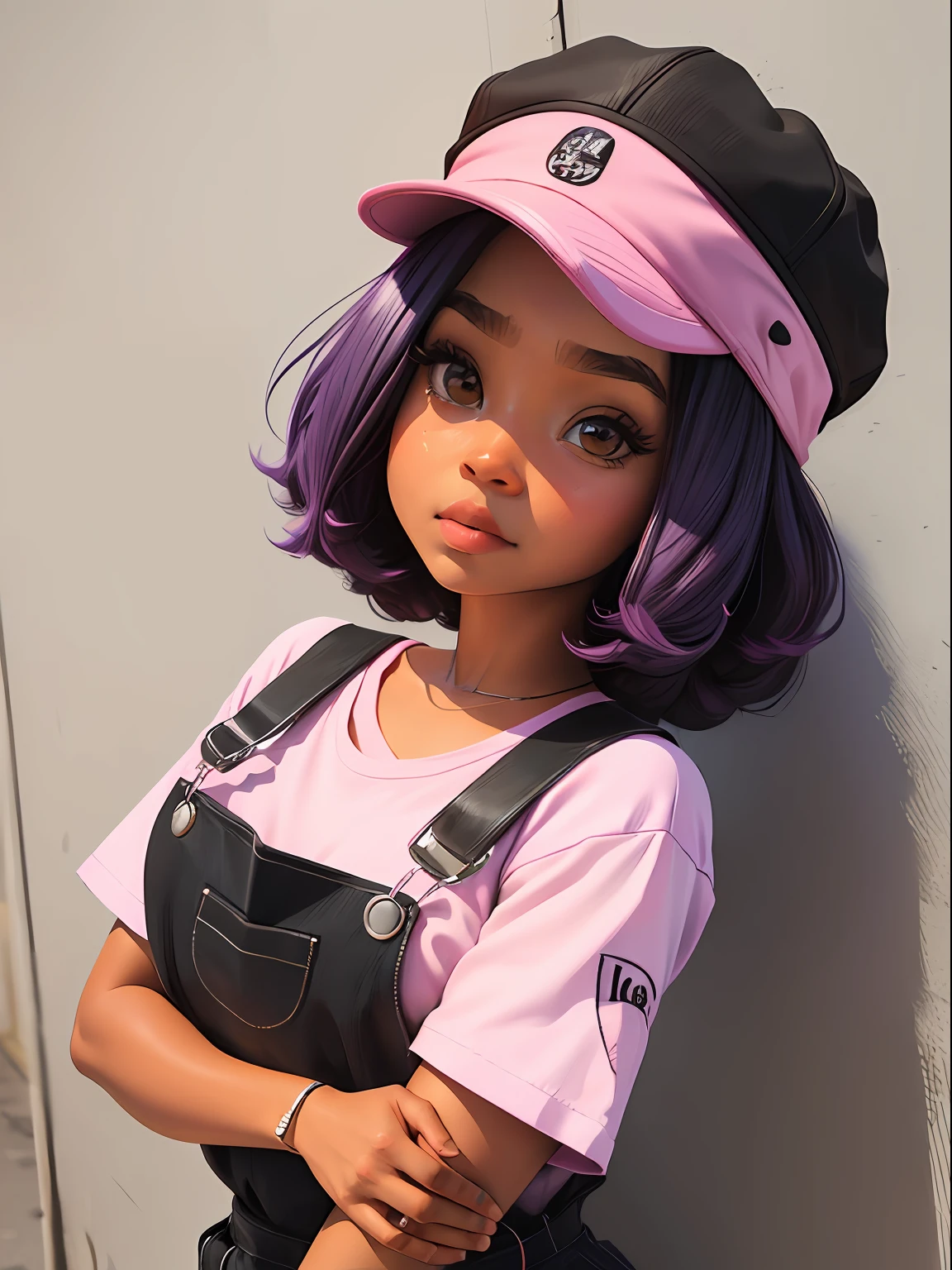 menira loira, bonita e fofa, wearing cap and overalls, babyface, Estilo Chibi, cabelos bicolores, pink and dark lilac, coque desarrumado, olhos de detalhe perfeito, rosto delicado, CG perfeito, Qualidade de imagem HD, fundo simples