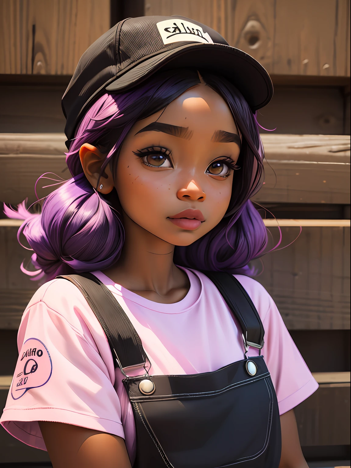 loli menina negra loira, bonita e fofa, wearing cap and overalls, face, Estilo Chibi, cabelos bicolores, pink and dark lilac, coque desarrumado, olhos de detalhe perfeito, rosto delicado, CG perfeito, Qualidade de imagem HD, fundo simples