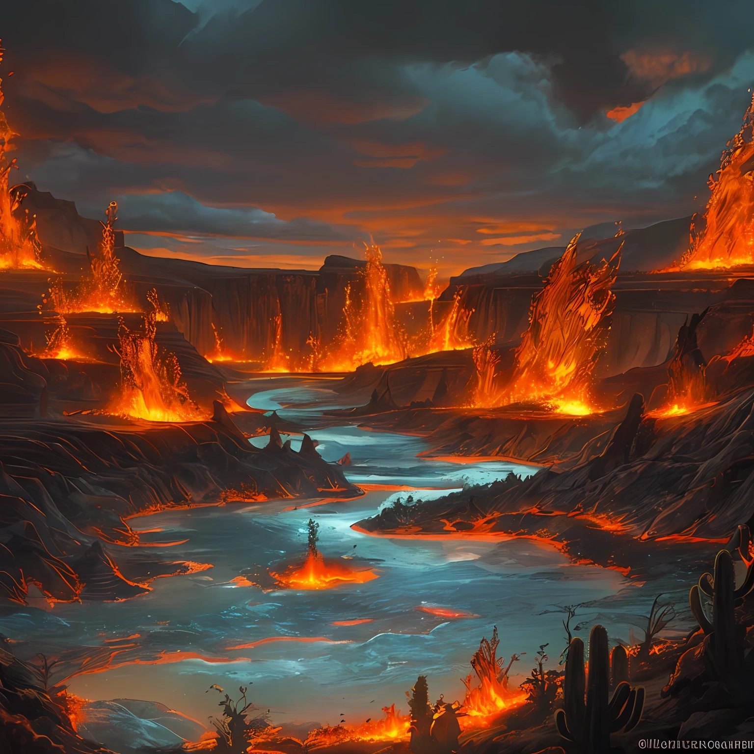Obra de arte realista, paisaje infernal, apocalyptic, fantasia oscura, cielos rojos, Rivers of fire and lava, nubes grices, cactus, espinas, calaberas por el suelo, Arid, pecado, infierno, Peleas, guerra,