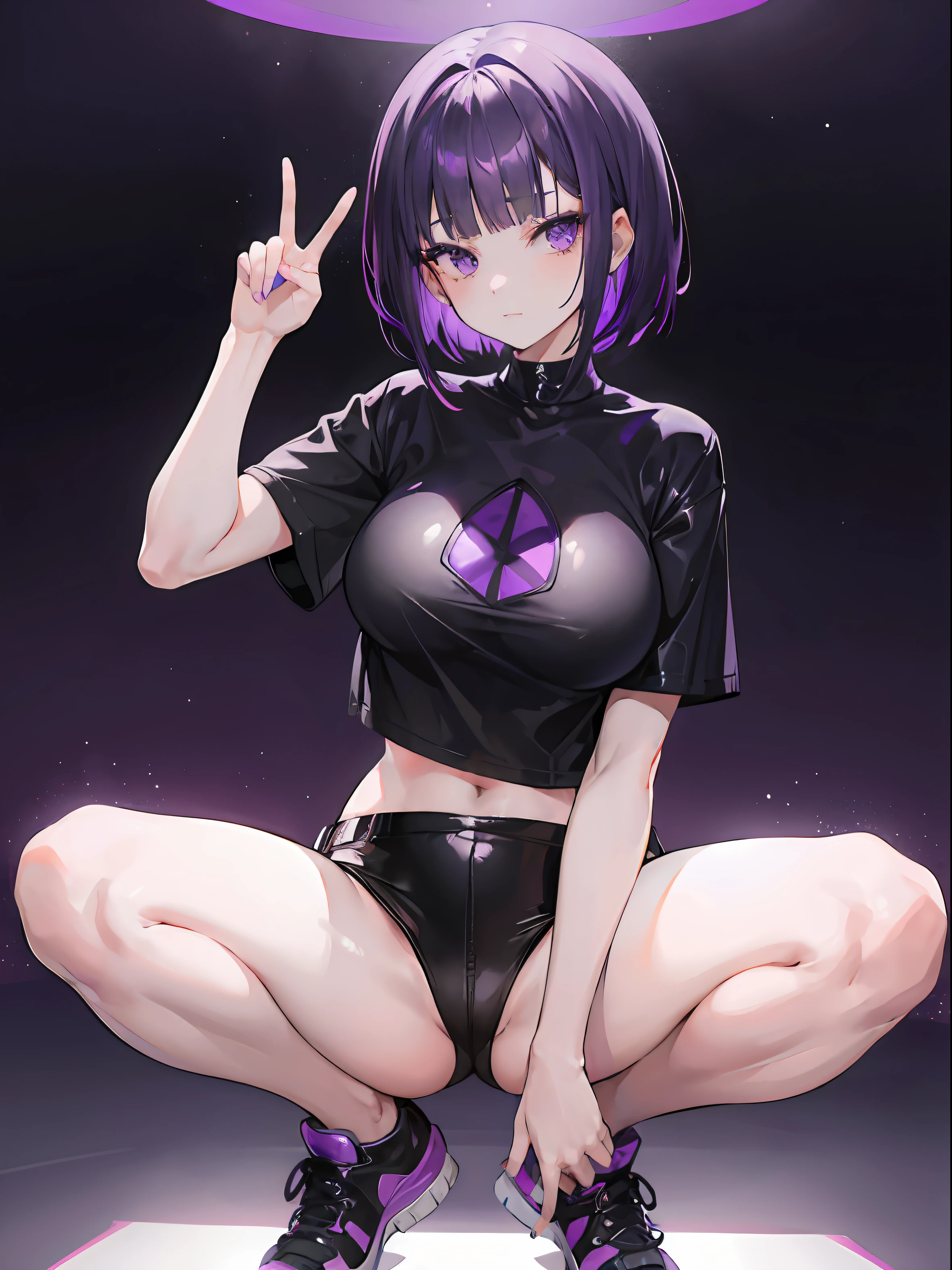 1 girl, short purple hair, blunt bangs hair, purple/black eyes, wearing black shirt with small purple dots, huge breasts, skinny shiny leather pants, wearing white sneakers, absurdres, ultrashark, 8k, masterpiece, looking at viewer, short nails, does peace sign