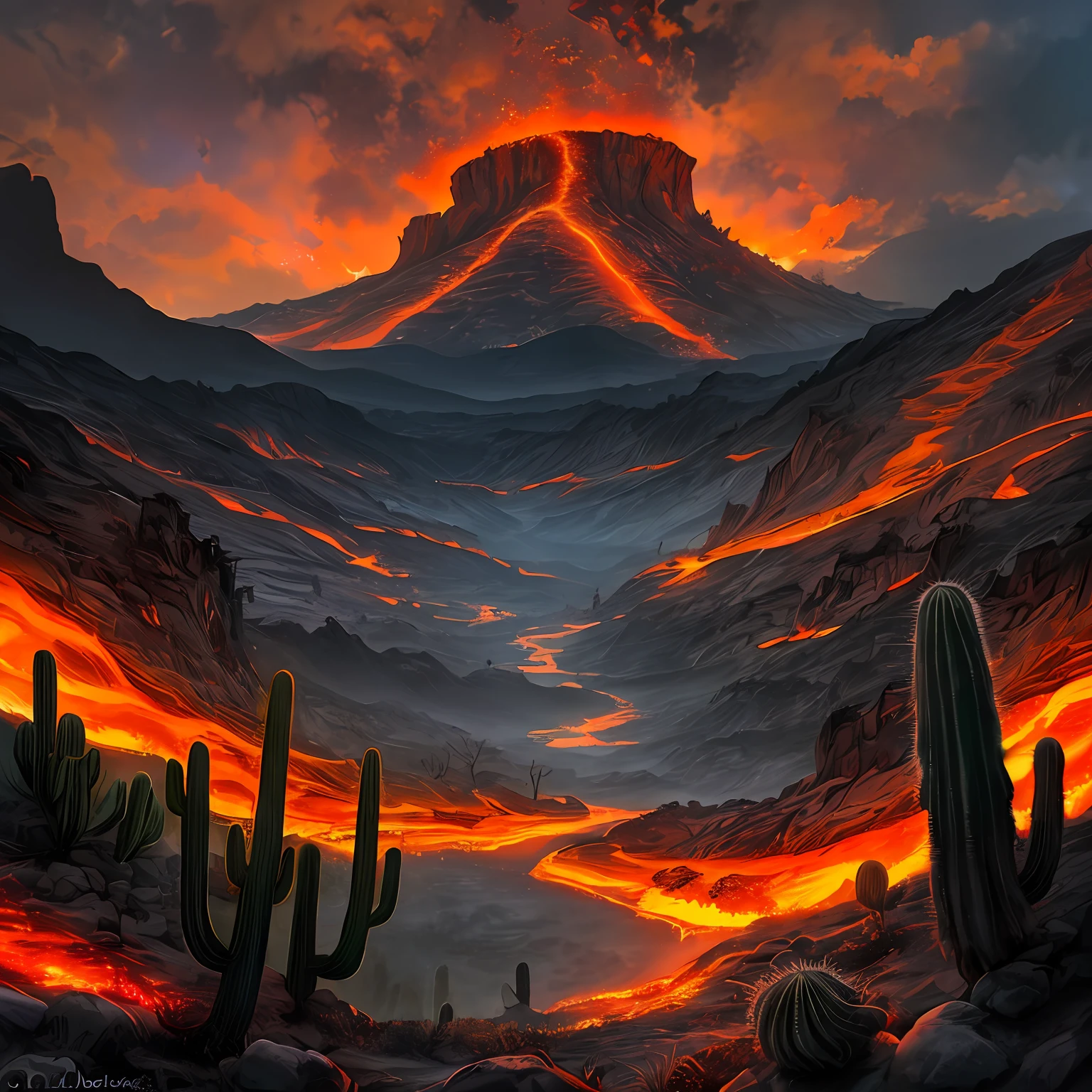 Obra de arte realista, paisaje infernal, apocalyptic, fantasia oscura, cielos rojos, Rivers of fire and lava, nubes grices, cactus, espinas, calaberas por el suelo, Arid, pecado, infierno, Peleas, guerra,